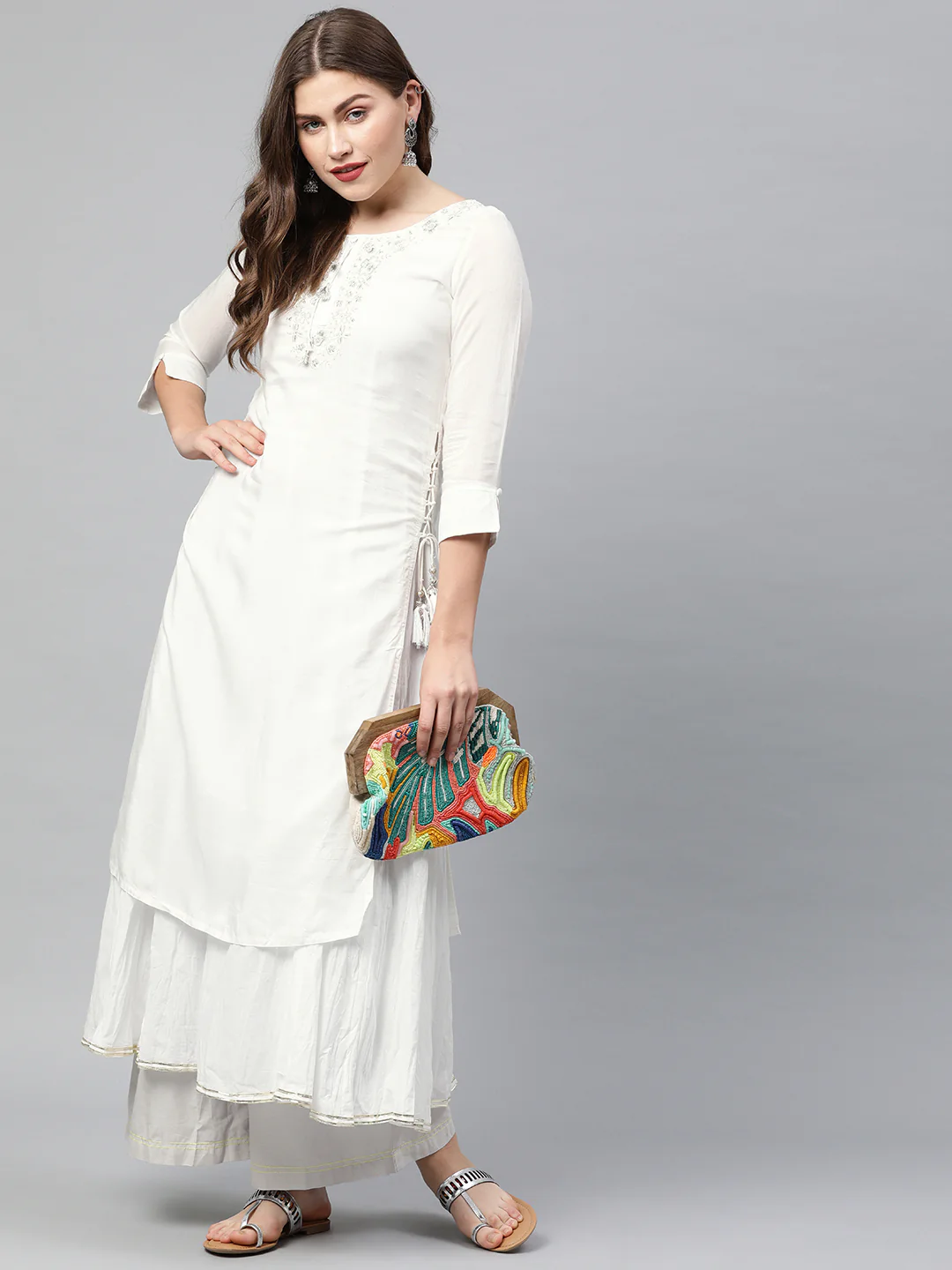 Neerus White Embroidered Double Layered Kurta - Image 5
