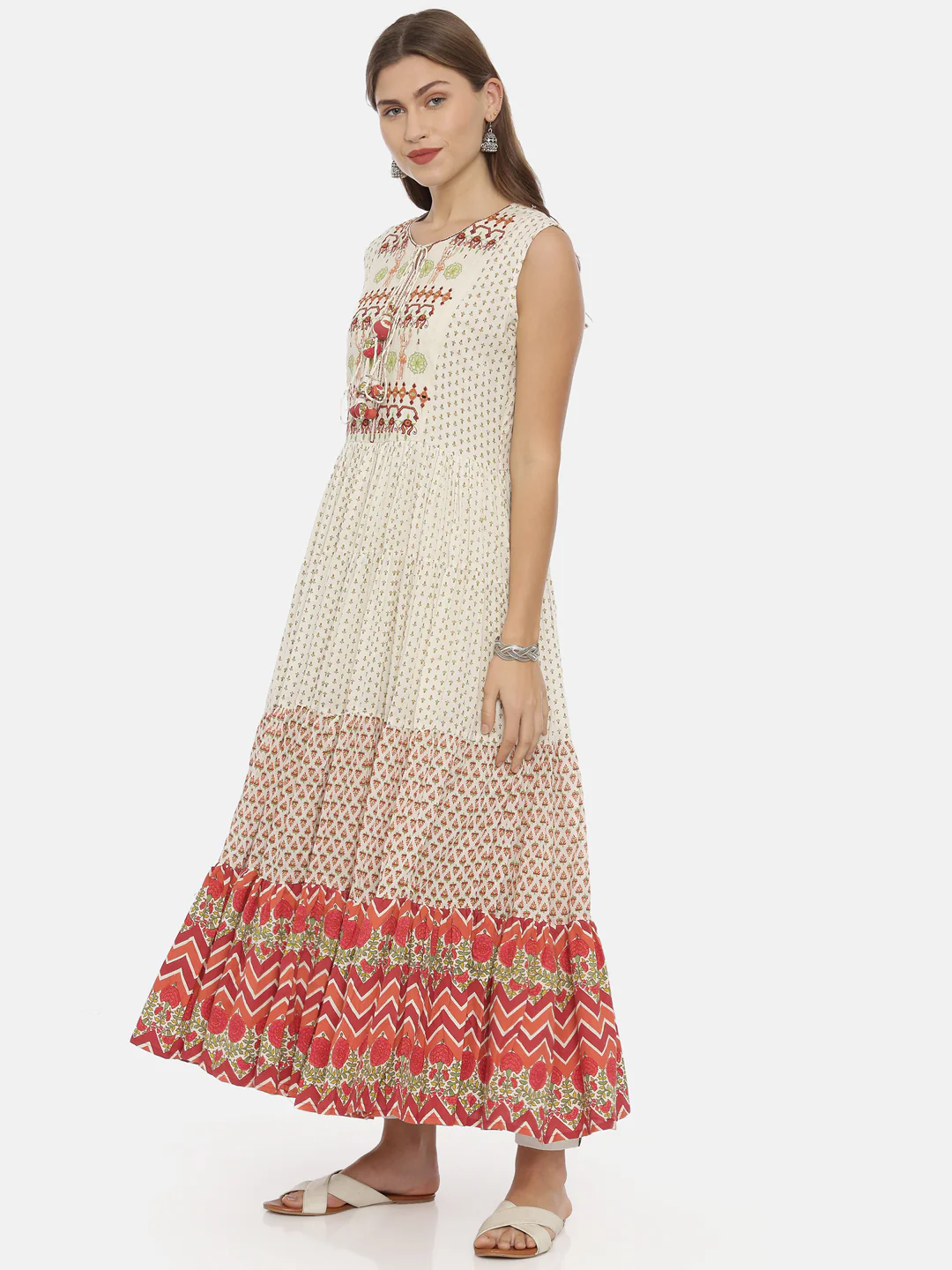 Neerus White Embroidered Flared Kurta - Image 3