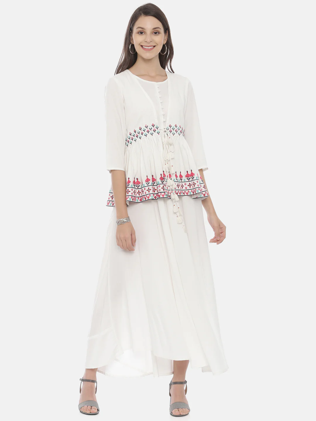 Neerus White Embroidered High Low Kurta With Jacket