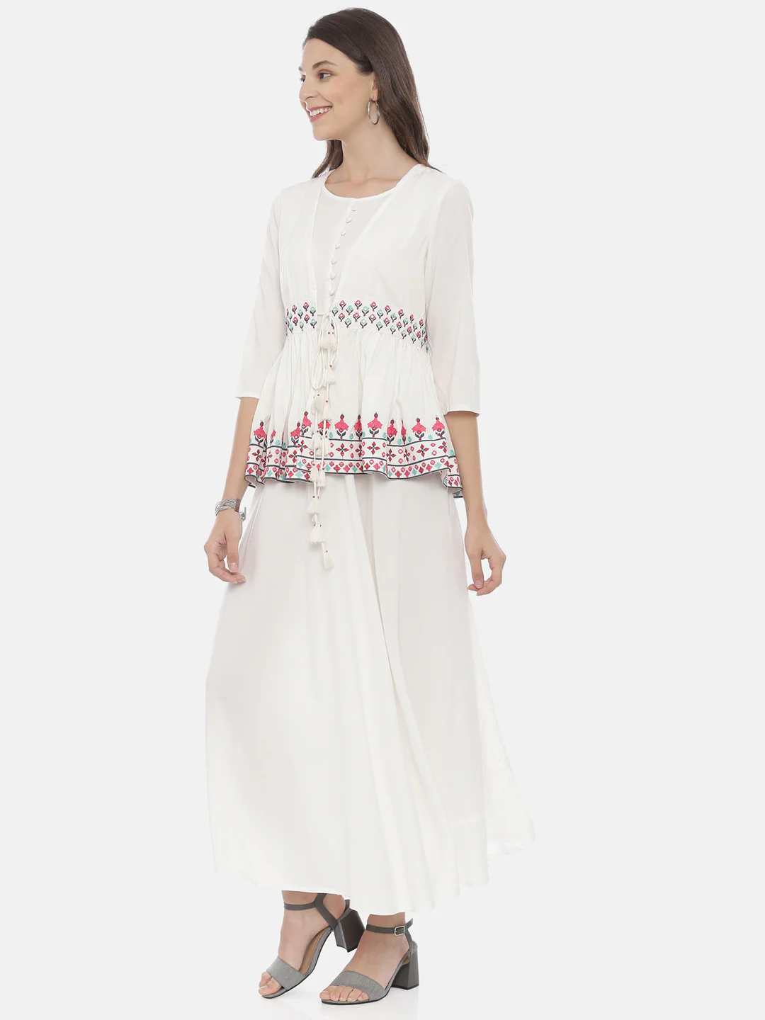 Neerus White Embroidered High Low Kurta With Jacket - Image 4