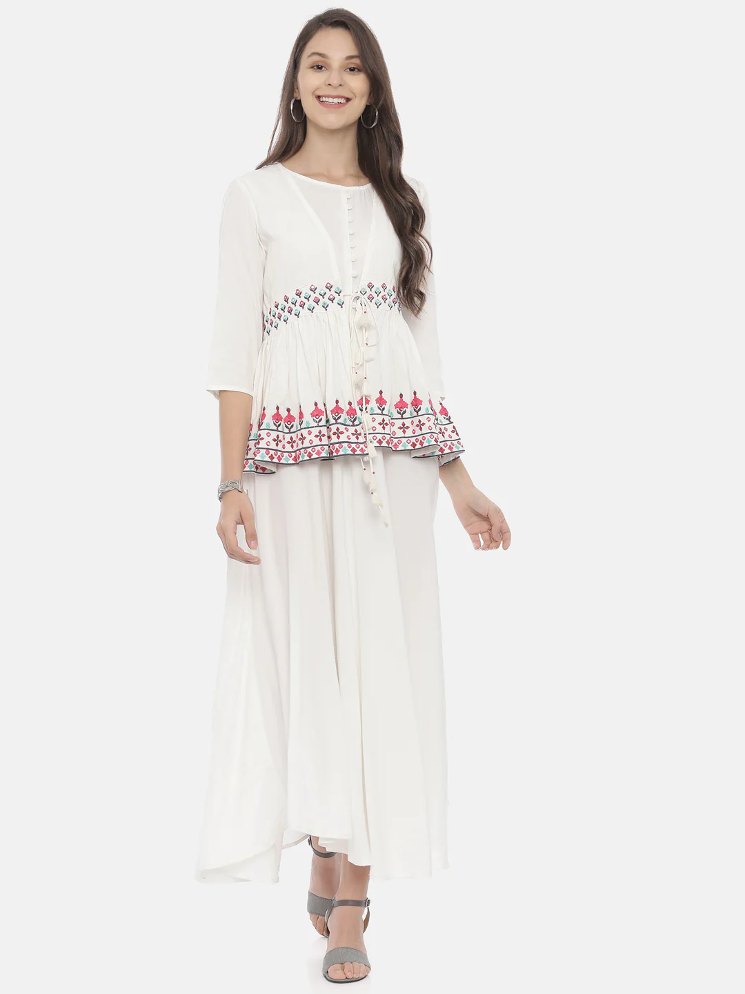 Neerus White Embroidered High Low Kurta With Jacket - Image 8