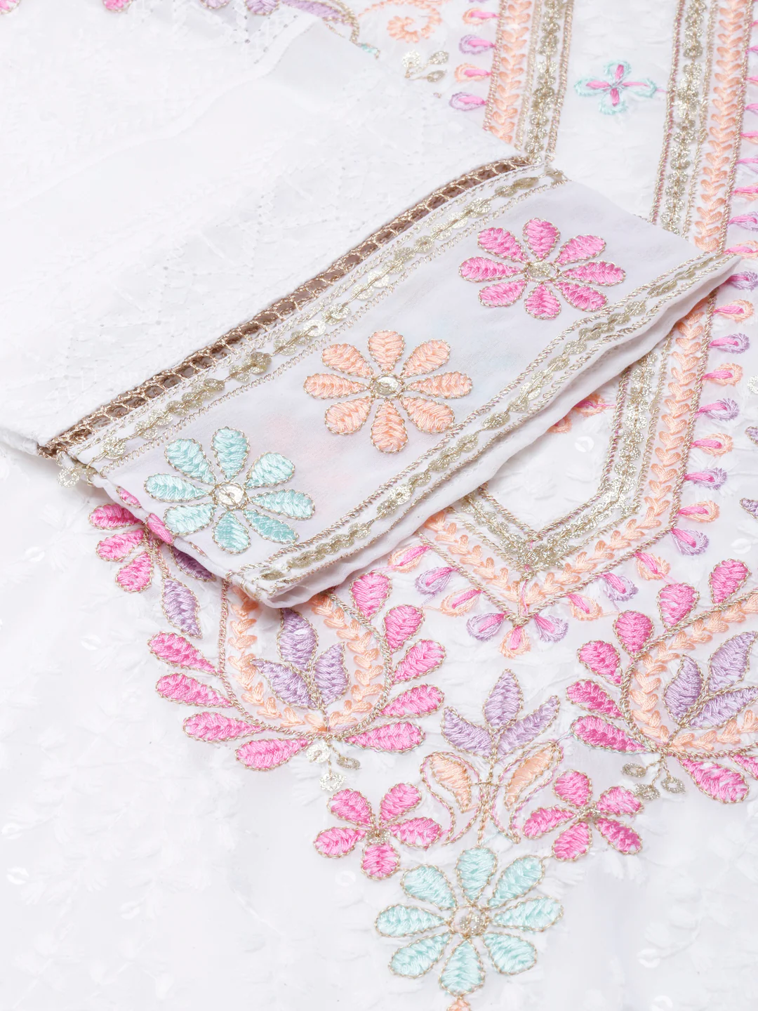 Neerus white Panelled Curved Solid Kurta and Trousers With Dupatta - Image 4