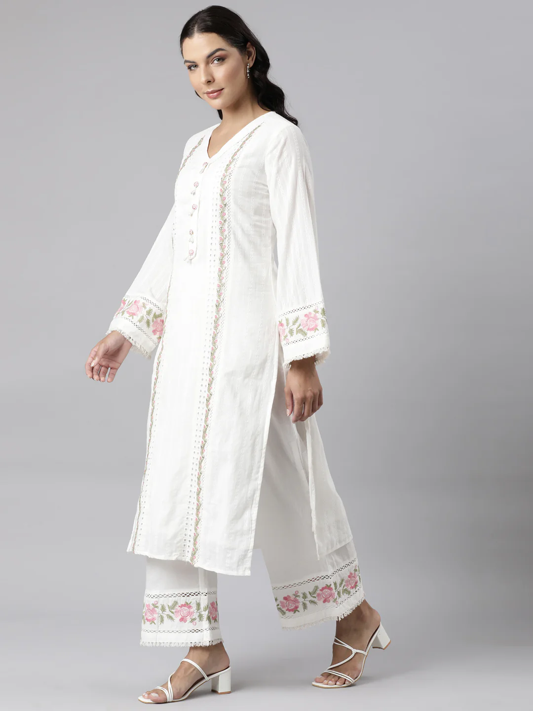 Neerus White Panelled Straight Yoke Design Kurta And Palazzos With Dupatta - Image 2