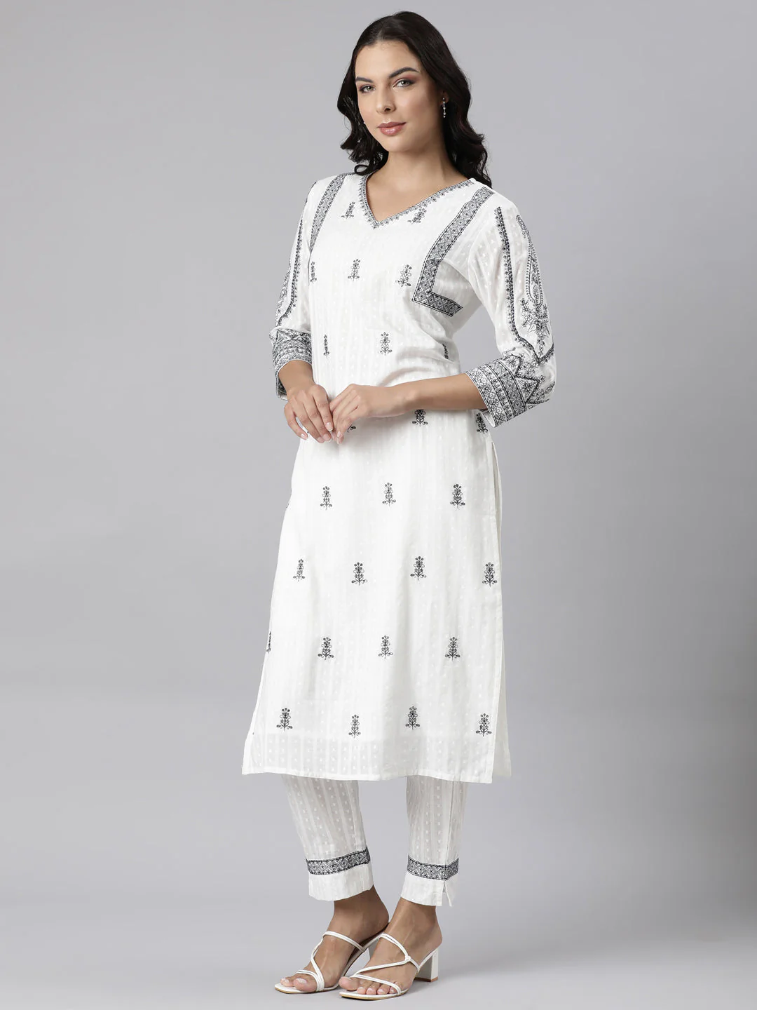 Neerus White Panelled Straight Yoke Design Kurta And Trousers With Dupatta - Image 2