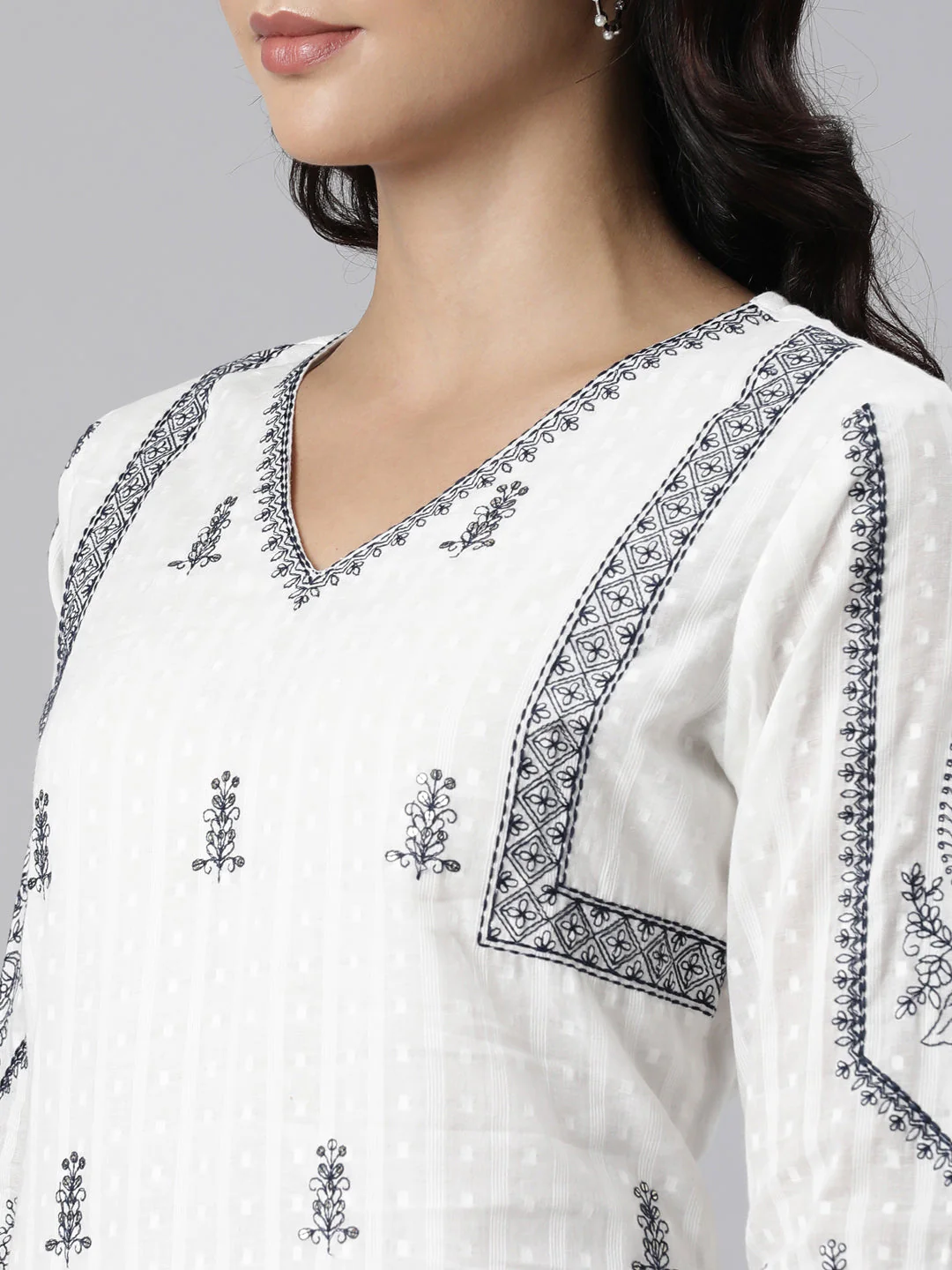 Neerus White Panelled Straight Yoke Design Kurta And Trousers With Dupatta - Image 5