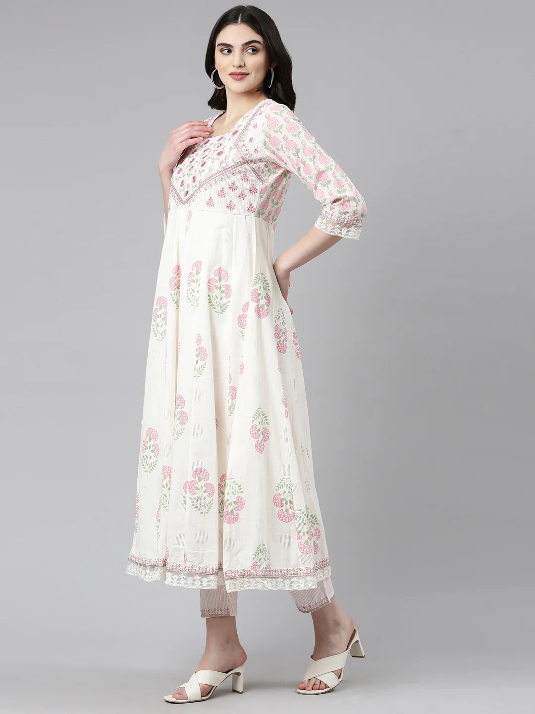 Neerus White Pleated Anarkali Printed Kurta And Trousers With Dupatta - Image 2