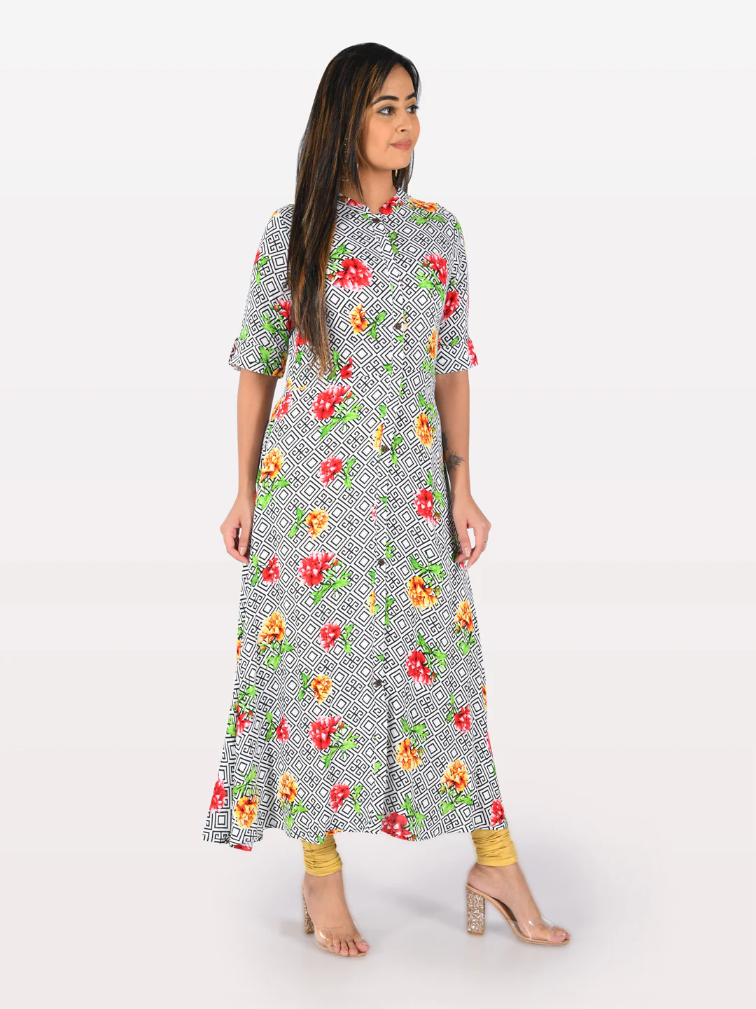 Neerus White Printed A Line Kurta - Image 2