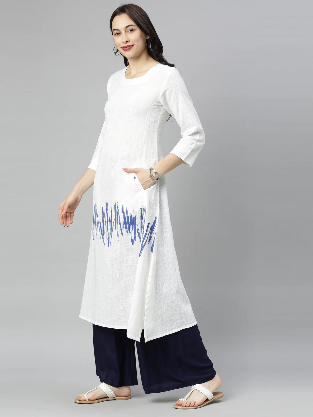 Neerus White Printed A Line Kurta - Image 2