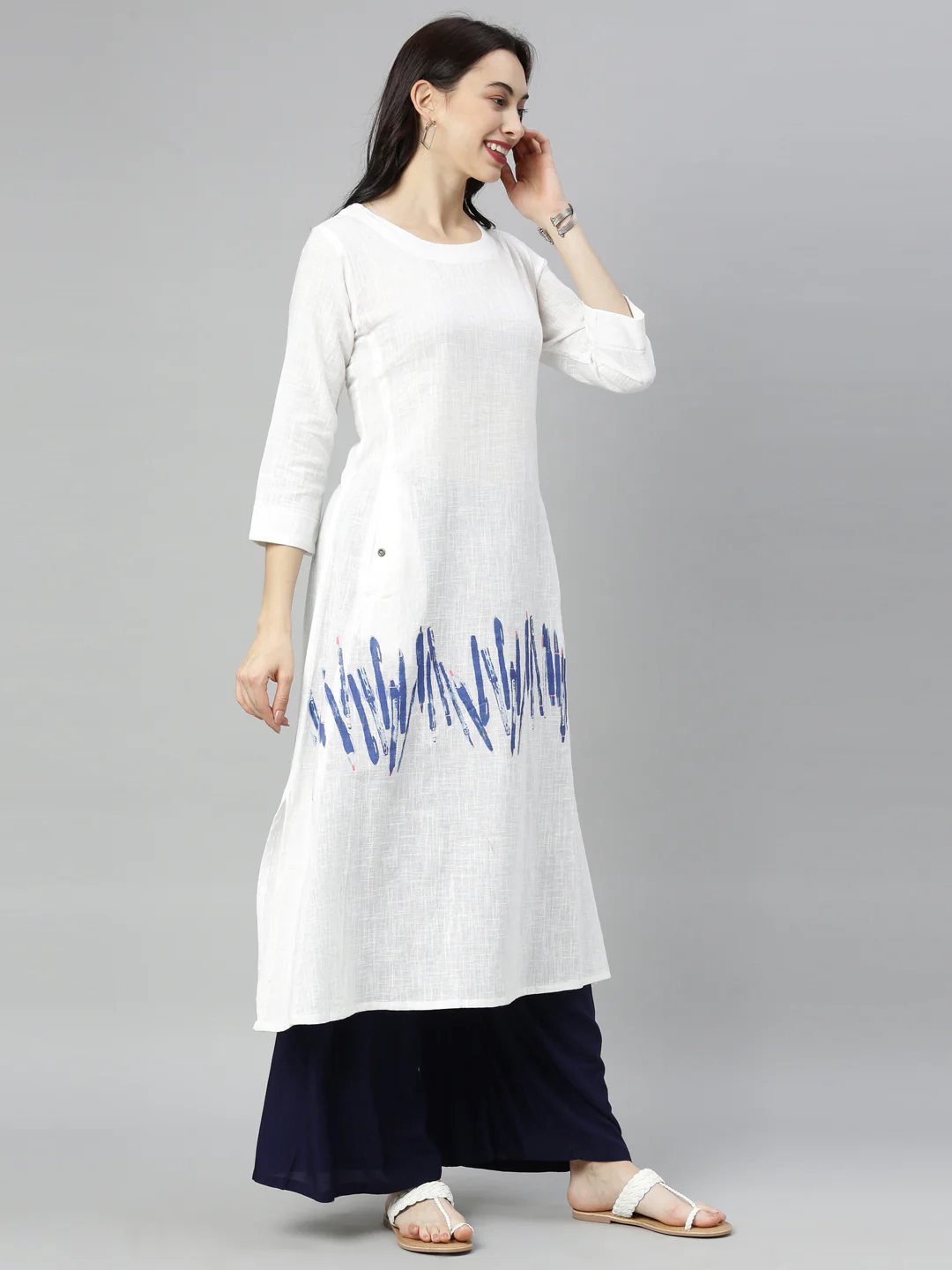 Neerus White Printed A Line Kurta - Image 3