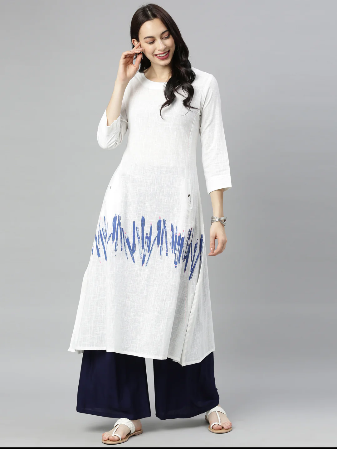 Neerus White Printed A Line Kurta - Image 5