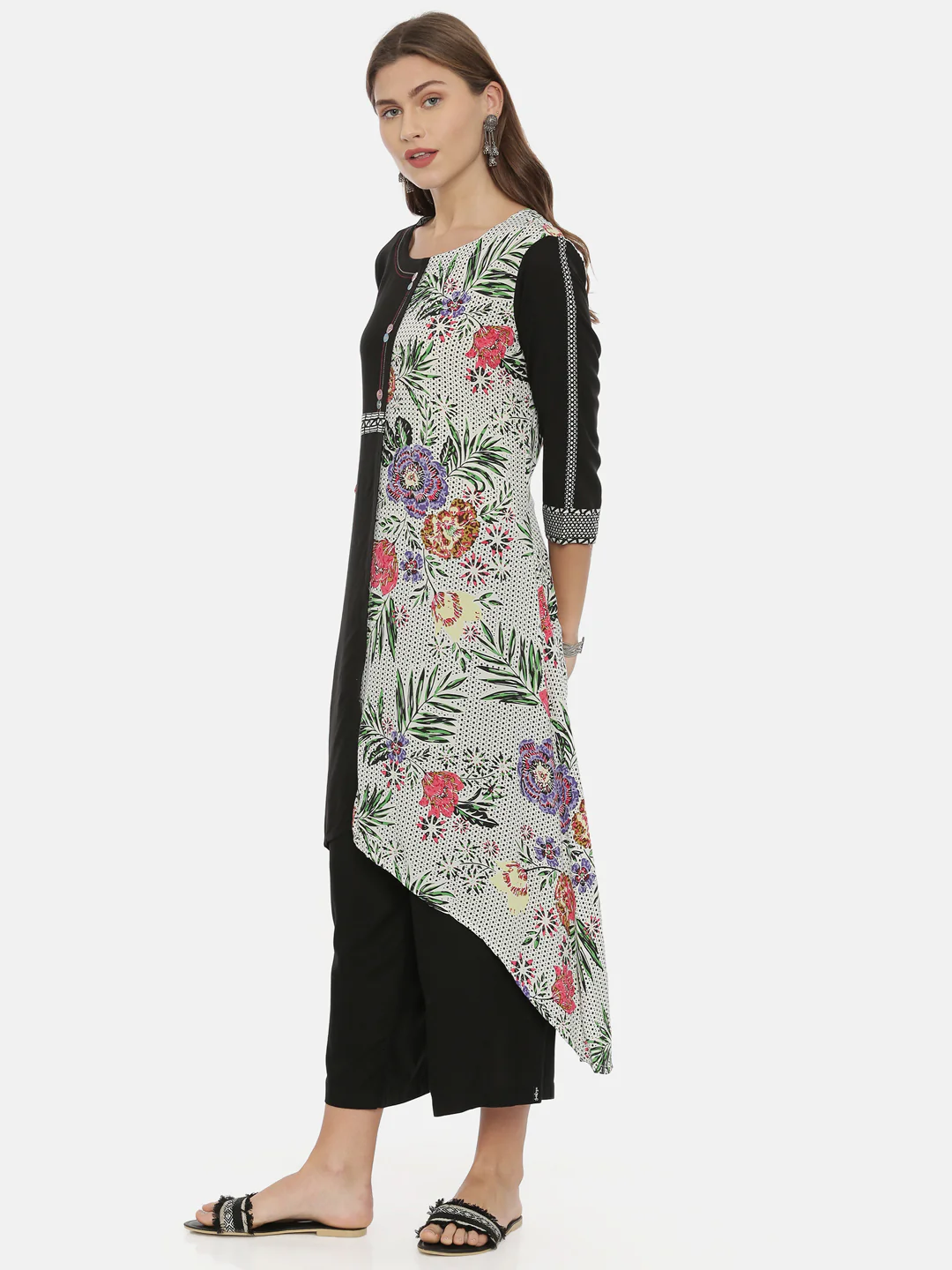 Neerus White Printed High Low Kurta - Image 3