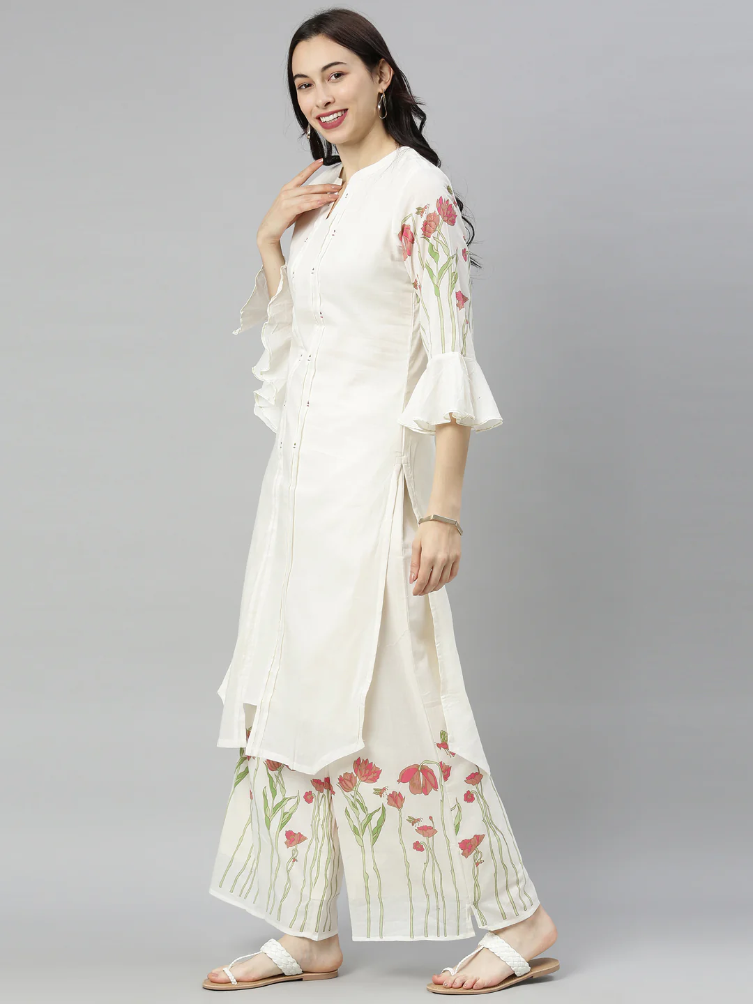 Neerus White Printed Kurta with Plazzo - Image 2