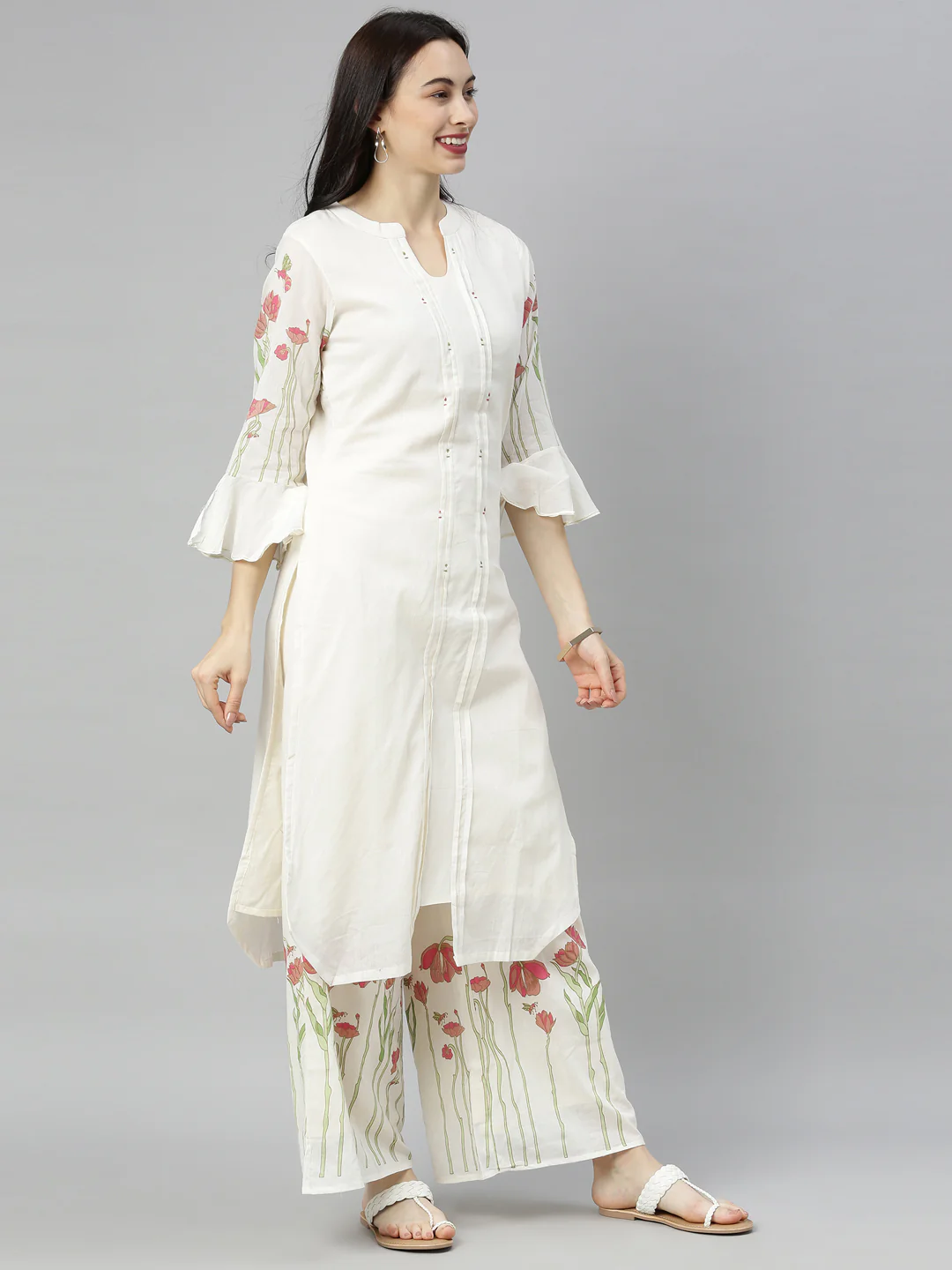 Neerus White Printed Kurta with Plazzo - Image 3