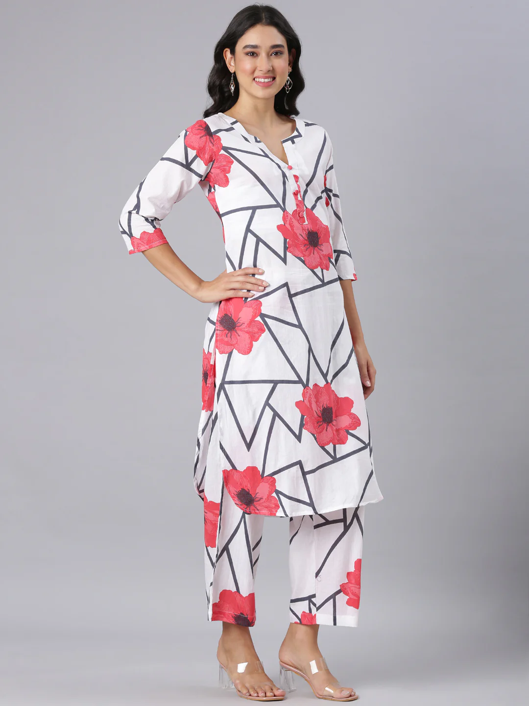 Neerus White Printed Straight Kurta And Trousers - Image 2