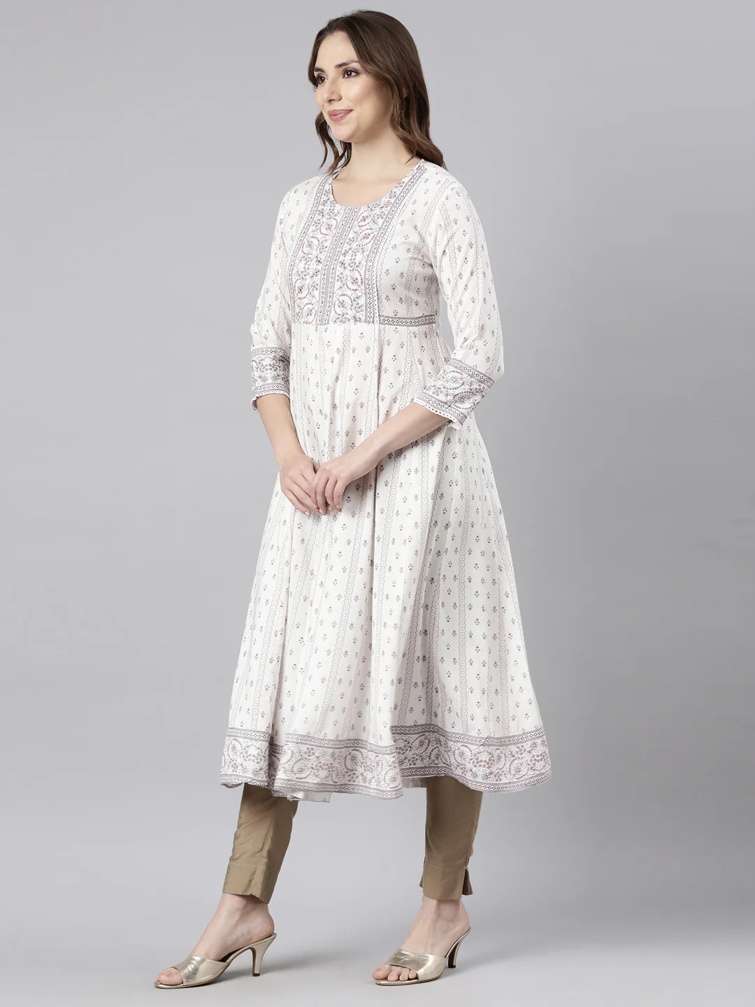 Neerus White Regular Anarkali Floral Kurta - Image 2
