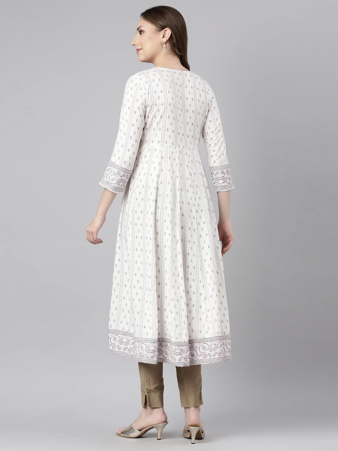 Neerus White Regular Anarkali Floral Kurta - Image 3
