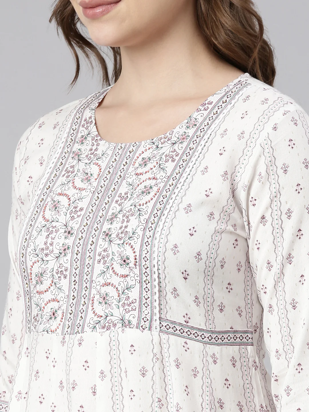 Neerus White Regular Anarkali Floral Kurta - Image 4
