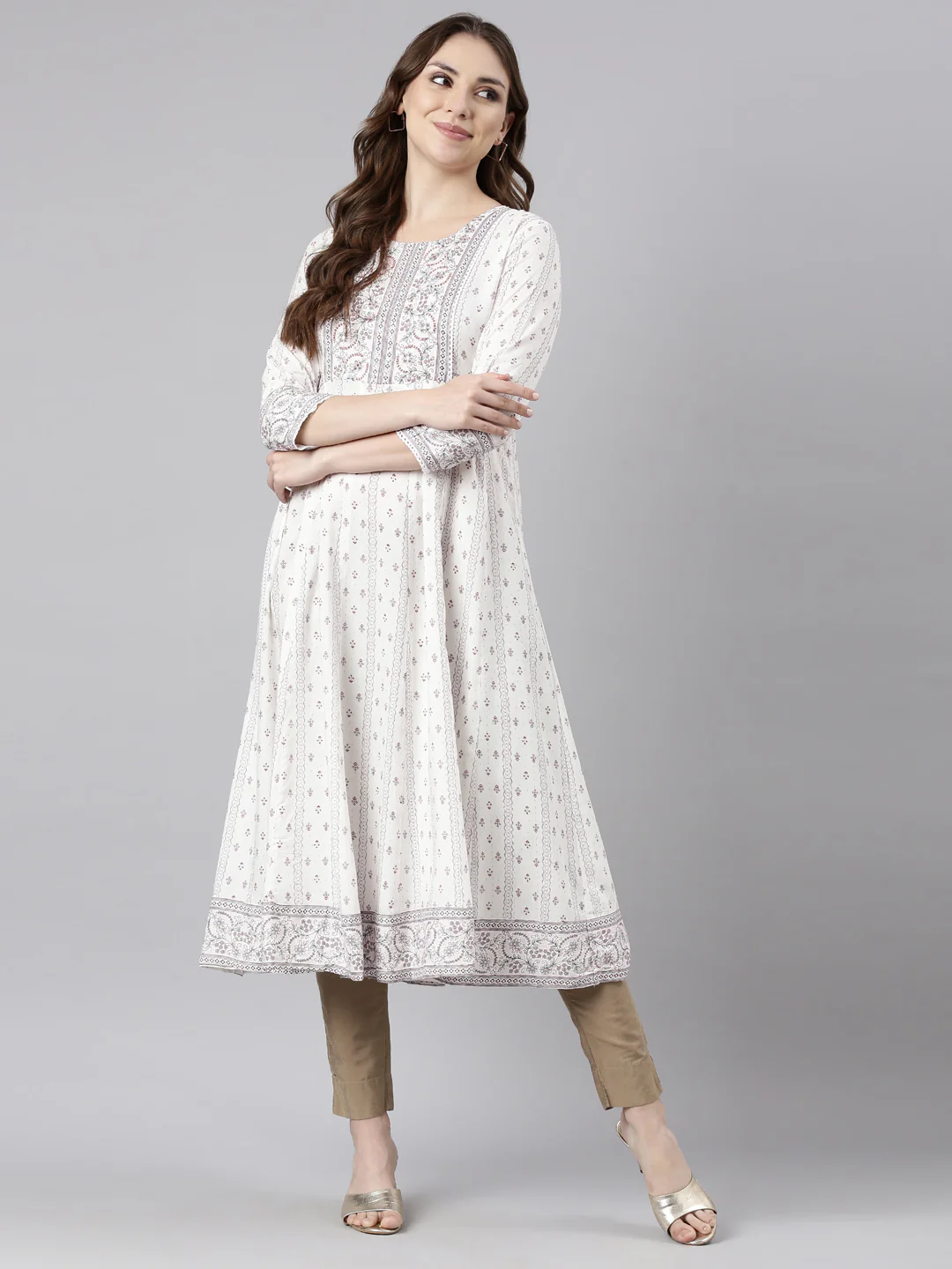Neerus White Regular Anarkali Floral Kurta - Image 5