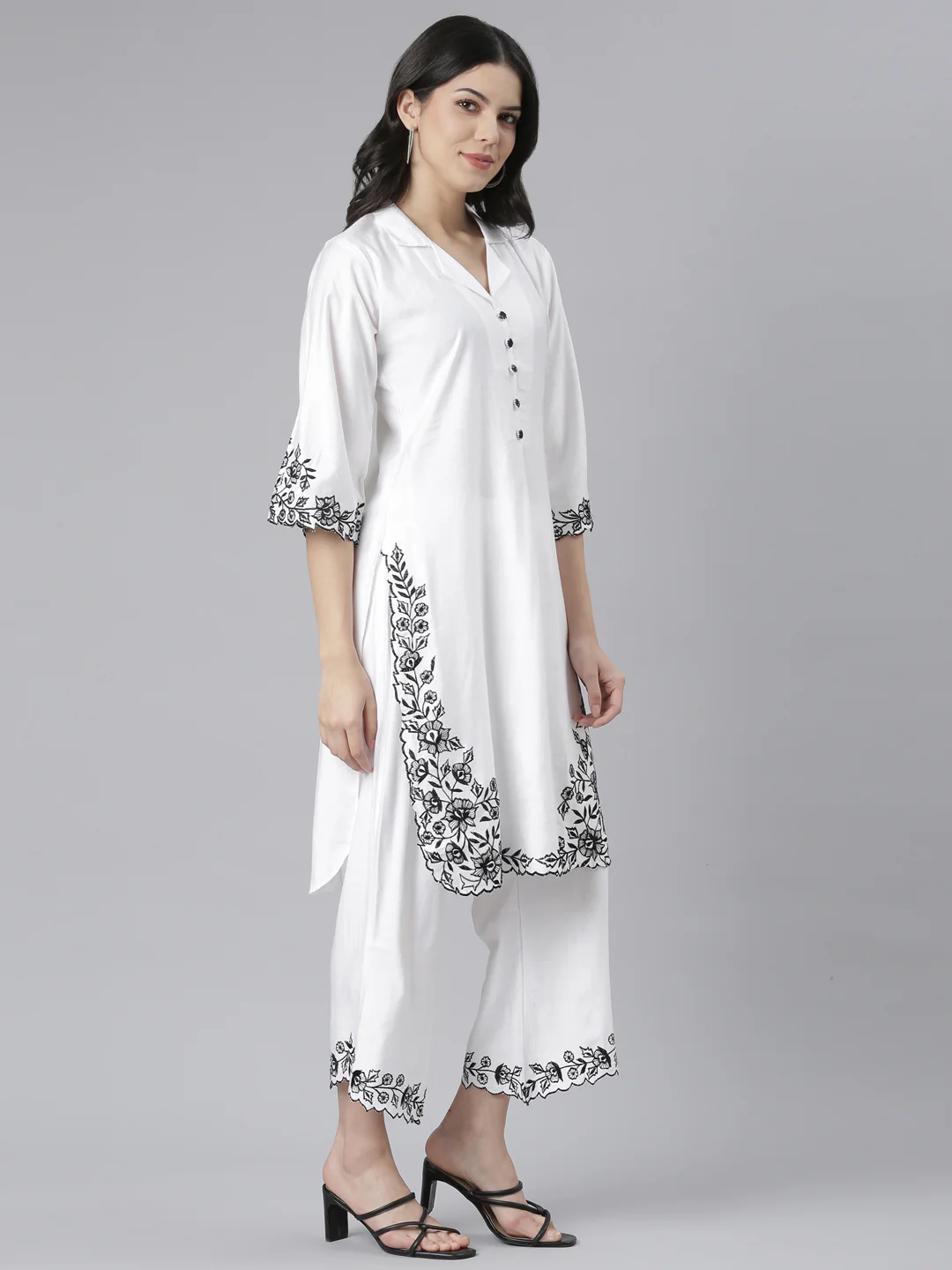 Neerus White Regular Straight Floral Kurta And Palazzos - Image 2