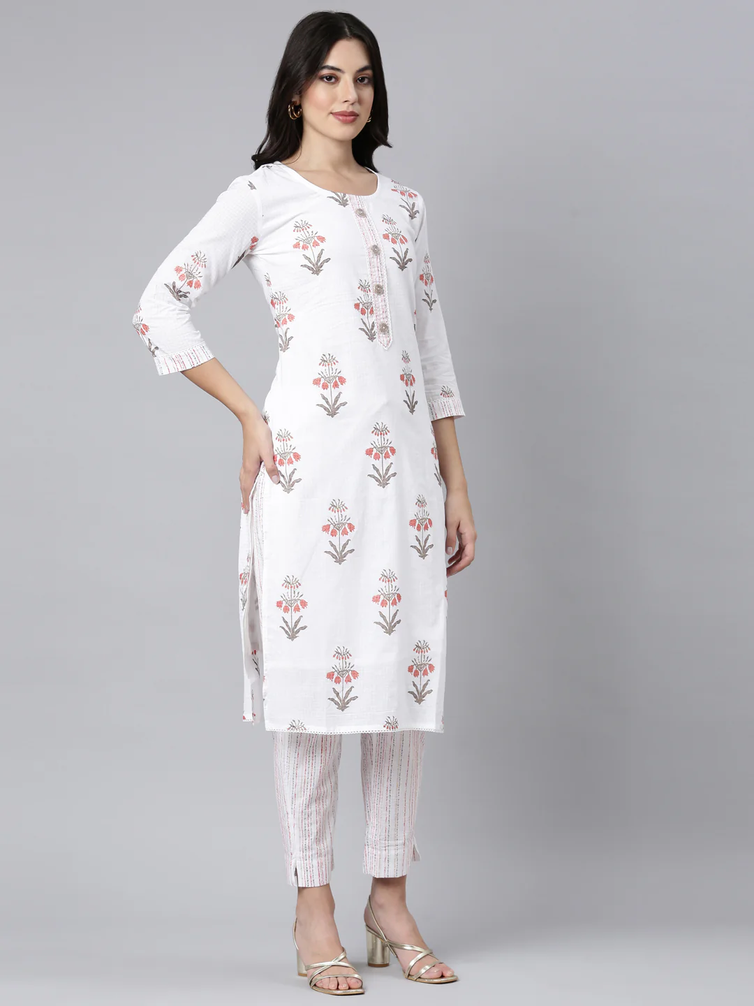 Neerus White Regular Straight Floral Kurta And Trousers With Dupatta - Image 2