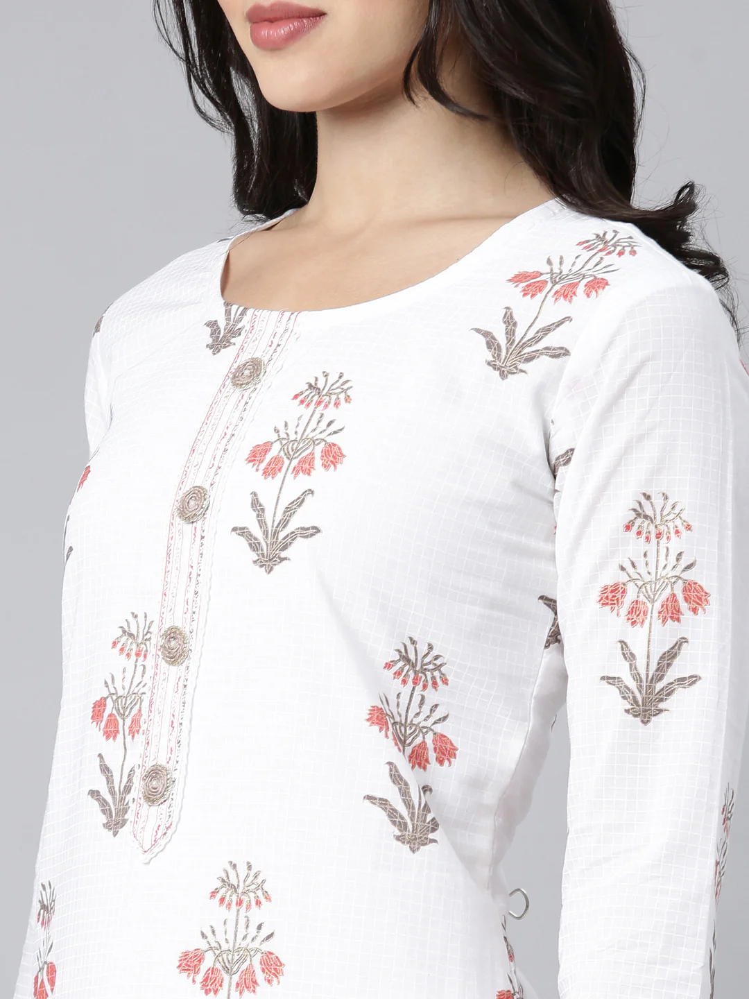 Neerus White Regular Straight Floral Kurta And Trousers With Dupatta - Image 4