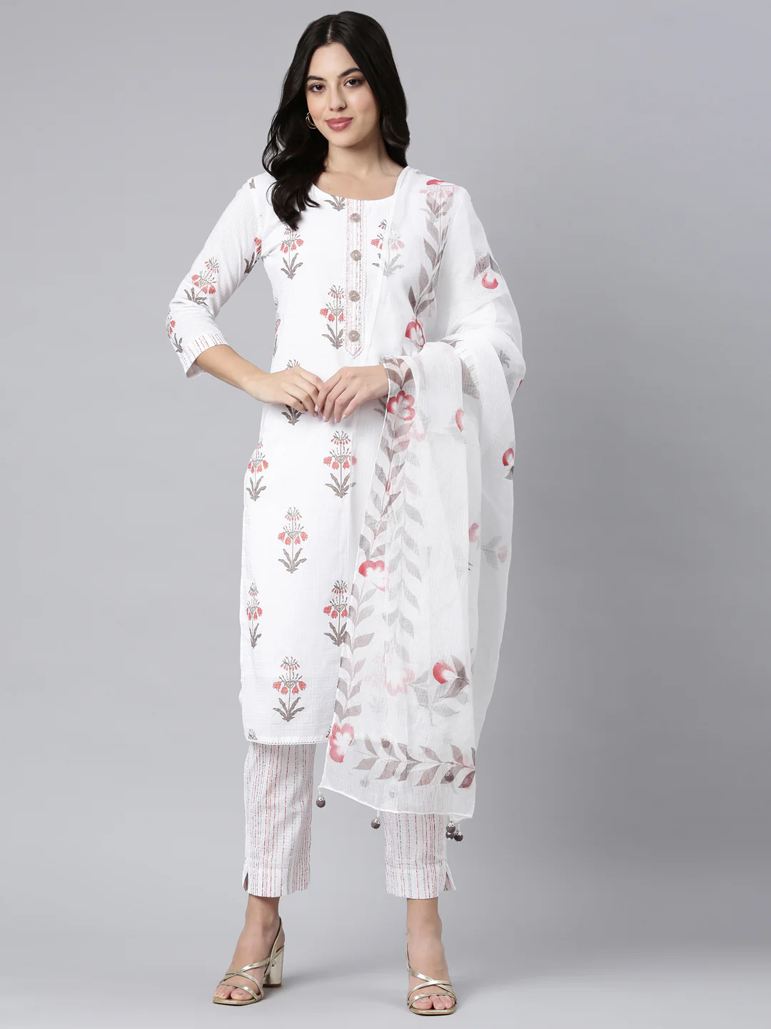 Neerus White Regular Straight Floral Kurta And Trousers With Dupatta - Image 5