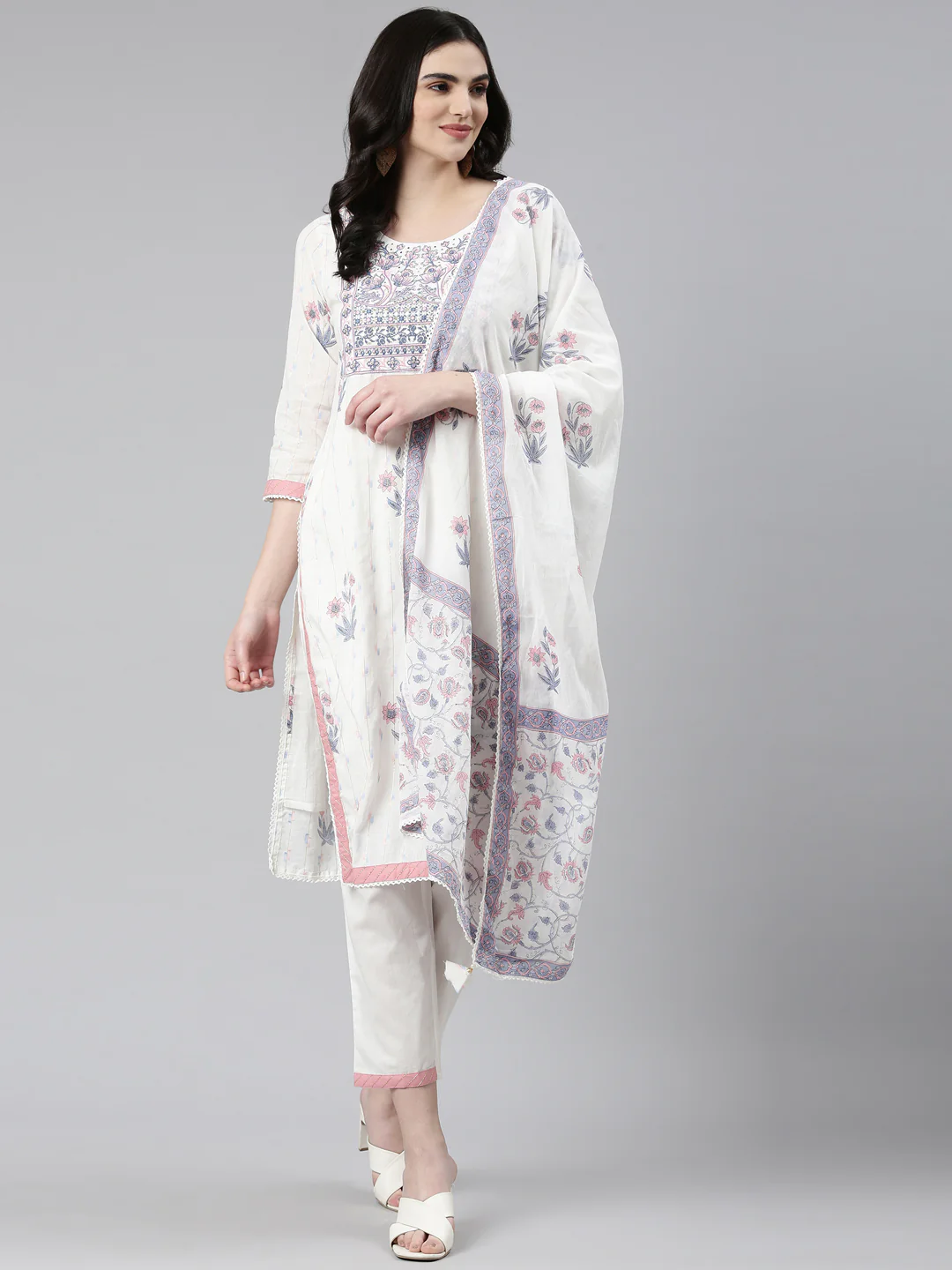 Neerus White Regular Straight Printed Kurta And Trousers With Dupatta - Image 5