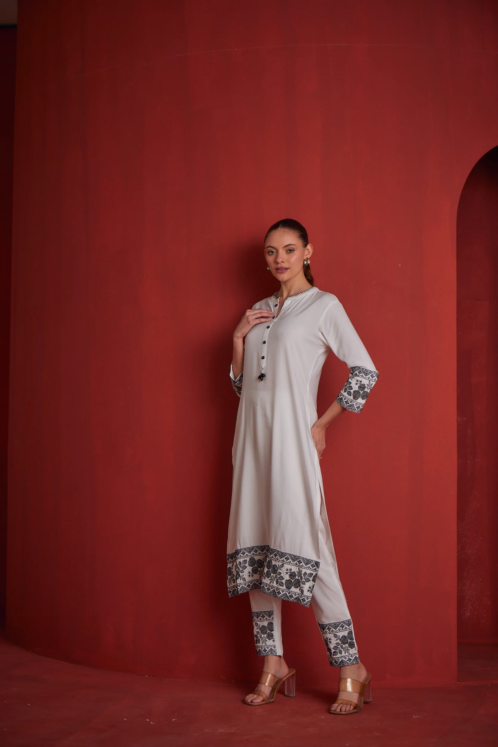 Neerus White Regular Straight Solid Kurta Sets And Trousers - Image 3