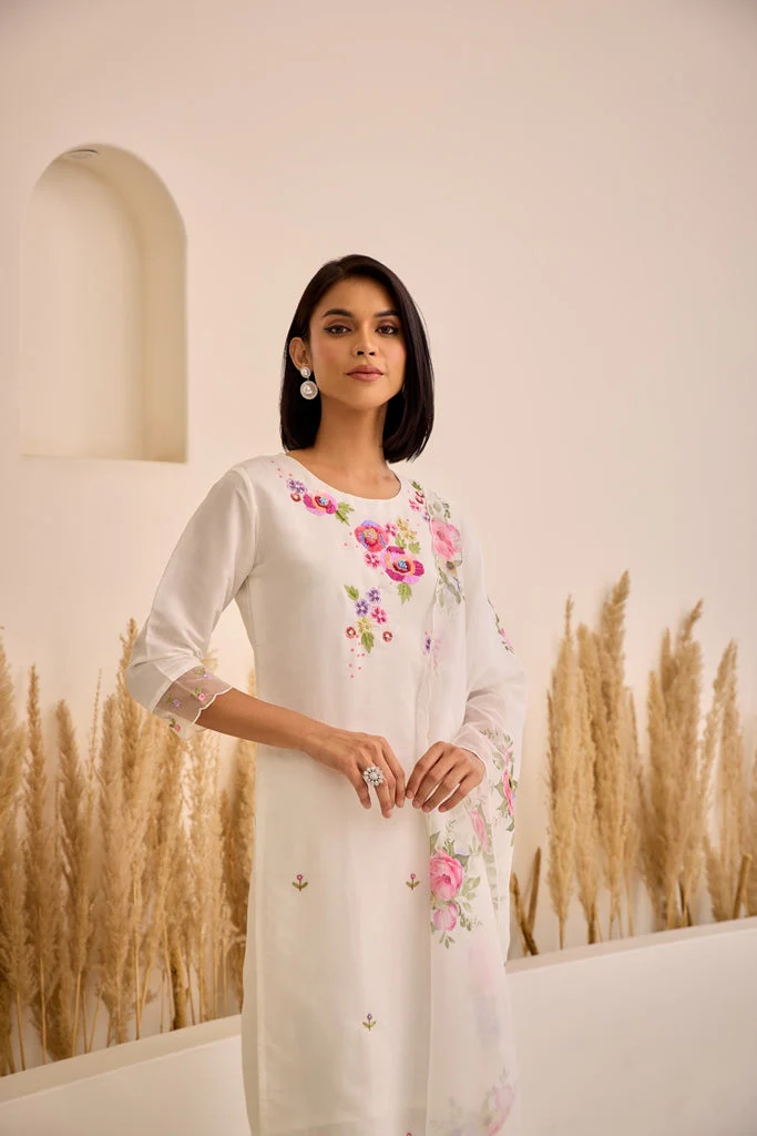 Neerus White Straight Embellished Kurta And Trousers With Dupatta. - Image 2