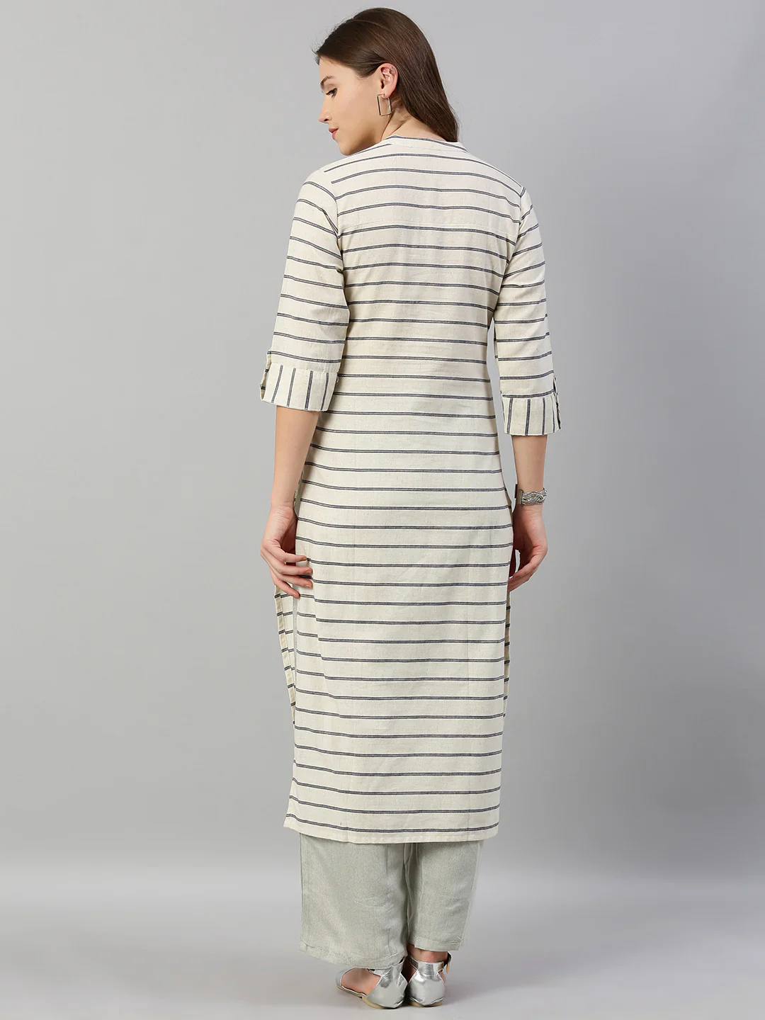 Neerus White Striped Straight Kurta - Image 5
