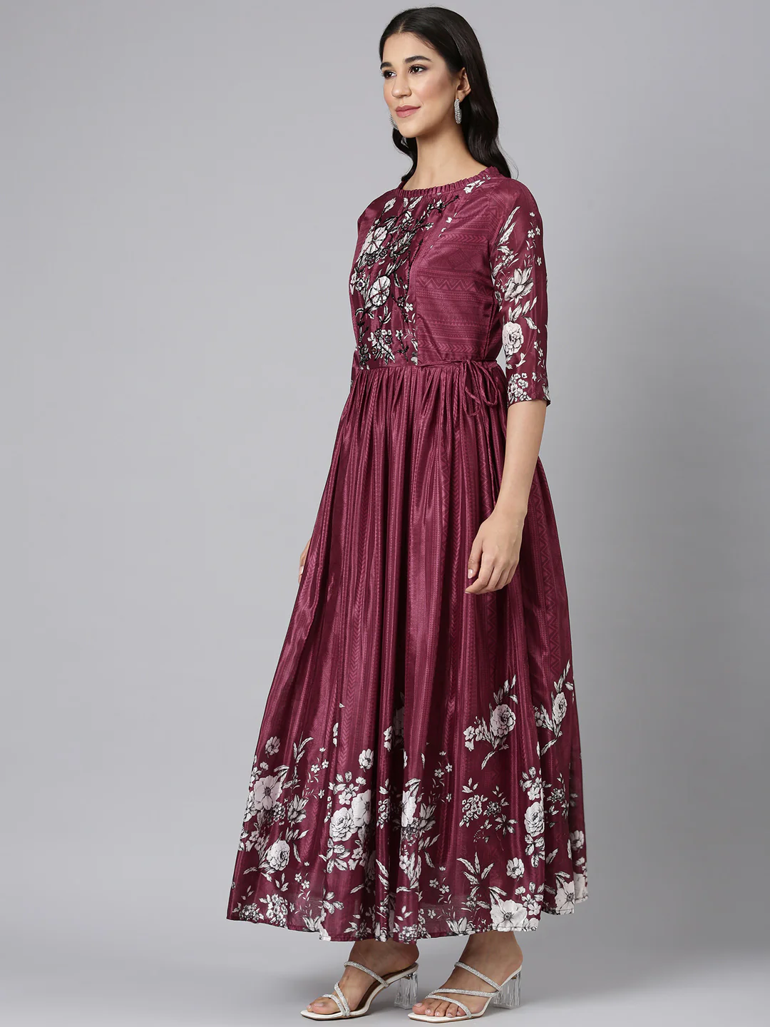 Neerus Wine Casual Floral Maxi Dresses - Image 2
