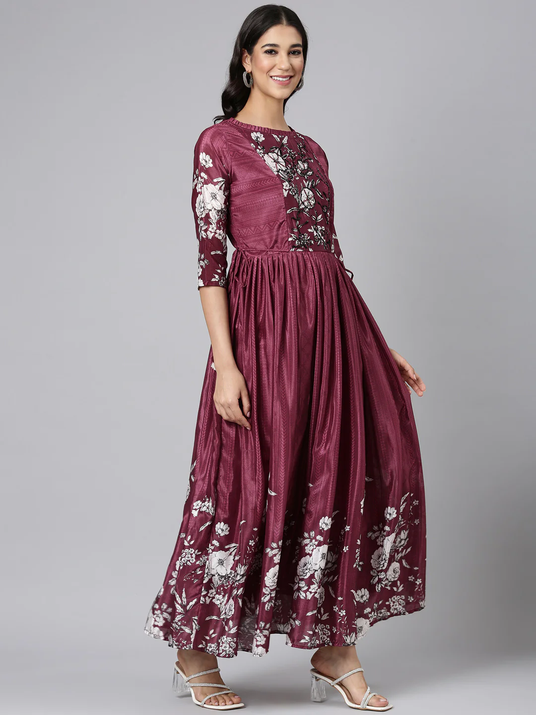 Neerus Wine Casual Floral Maxi Dresses - Image 5