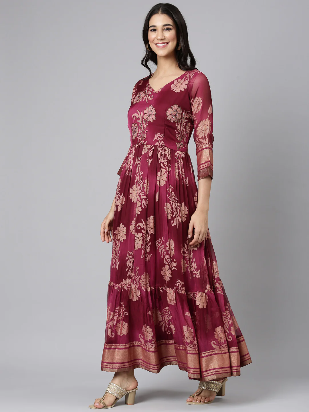 Neerus Wine Casual Floral Maxi Dresses - Image 2