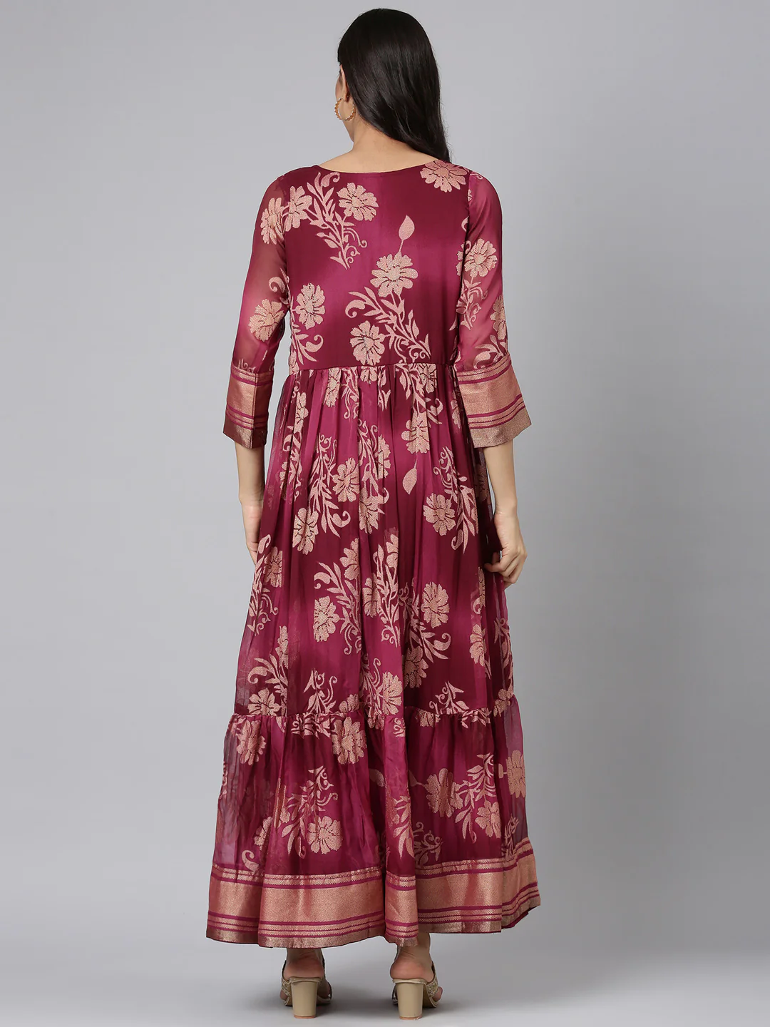 Neerus Wine Casual Floral Maxi Dresses - Image 3