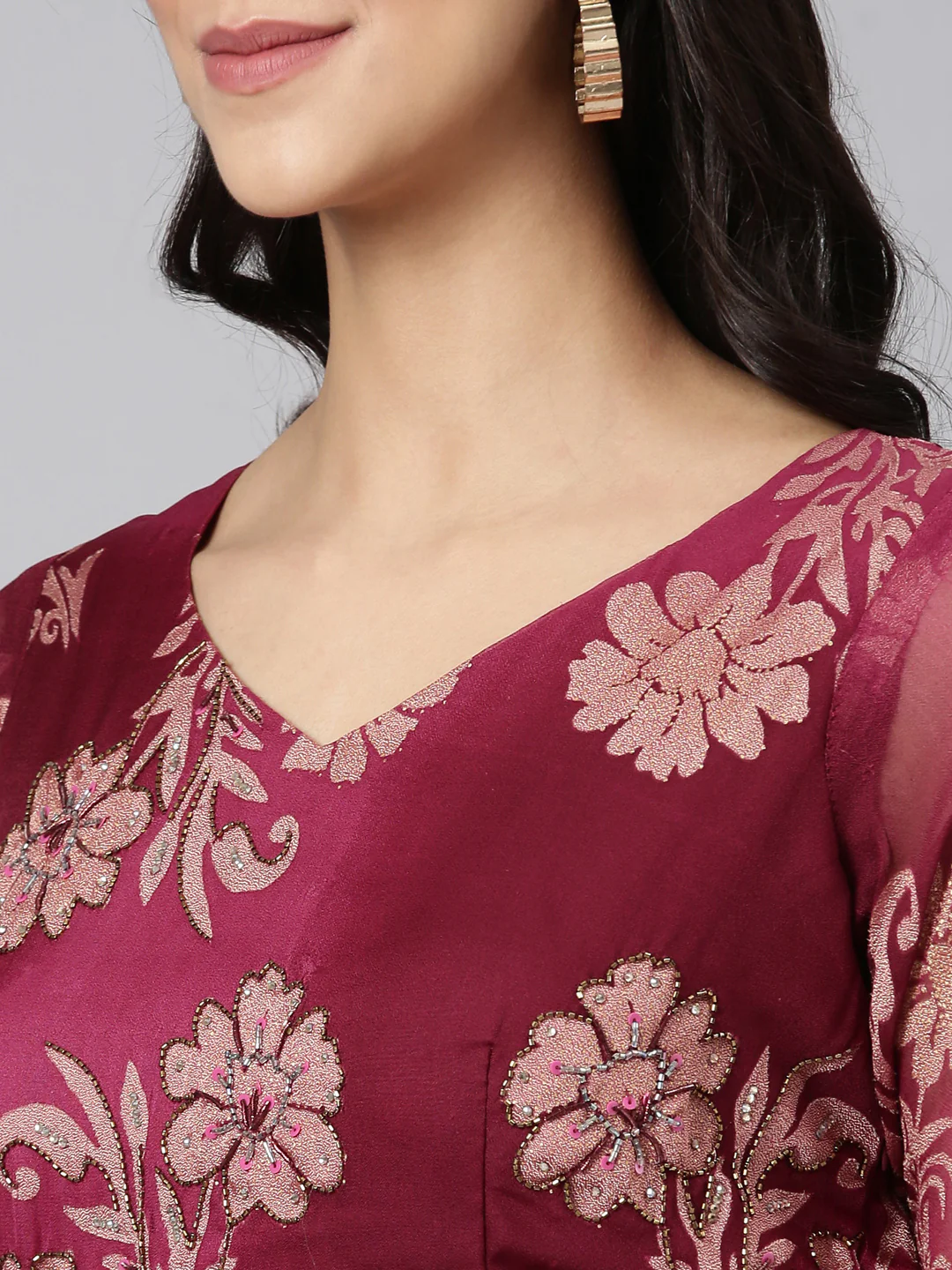 Neerus Wine Casual Floral Maxi Dresses - Image 4
