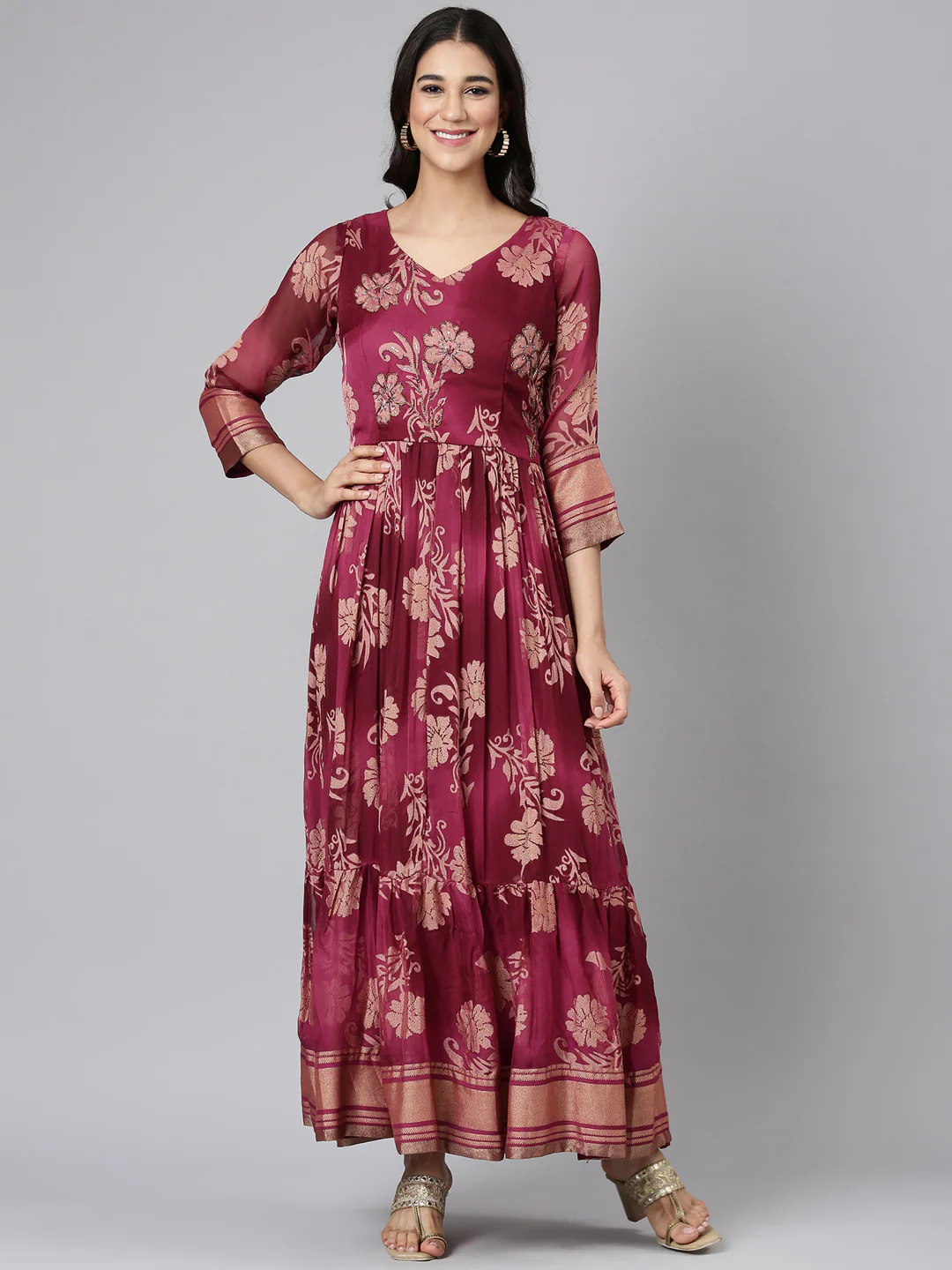 Neerus Wine Casual Floral Maxi Dresses - Image 5