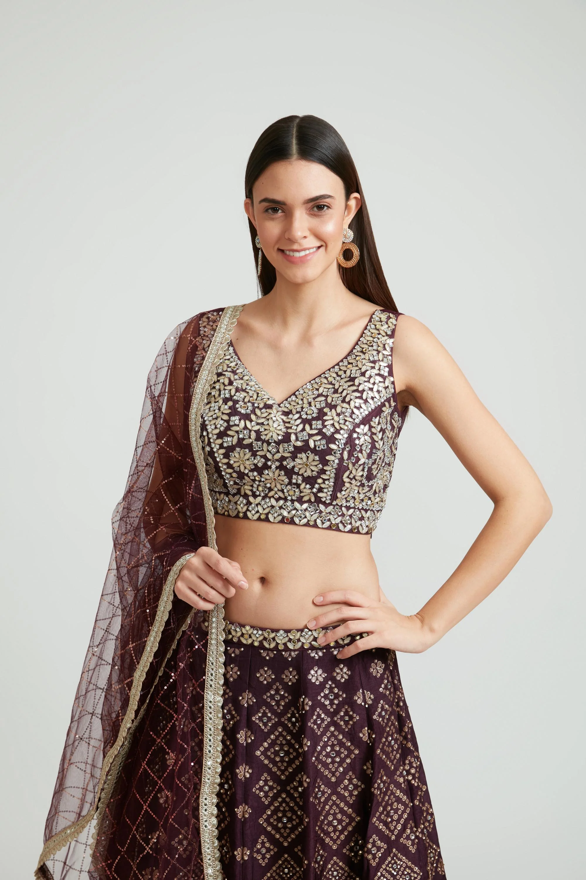 Neerus Wine Color Banaras Fabric Lehenga Choli - Image 2