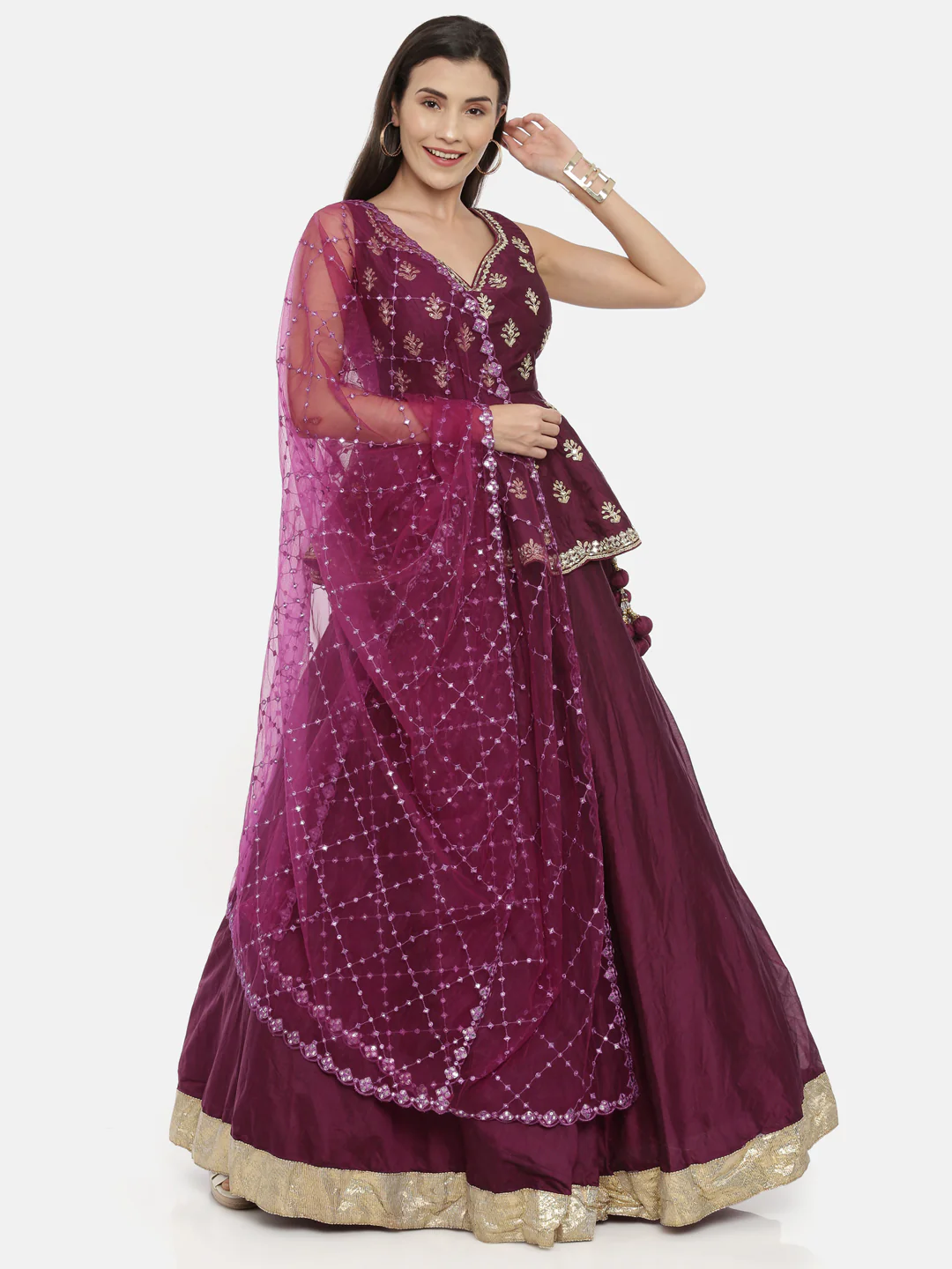Neerus Wine Color Chanderi Fabric Ghagra Set - Image 6