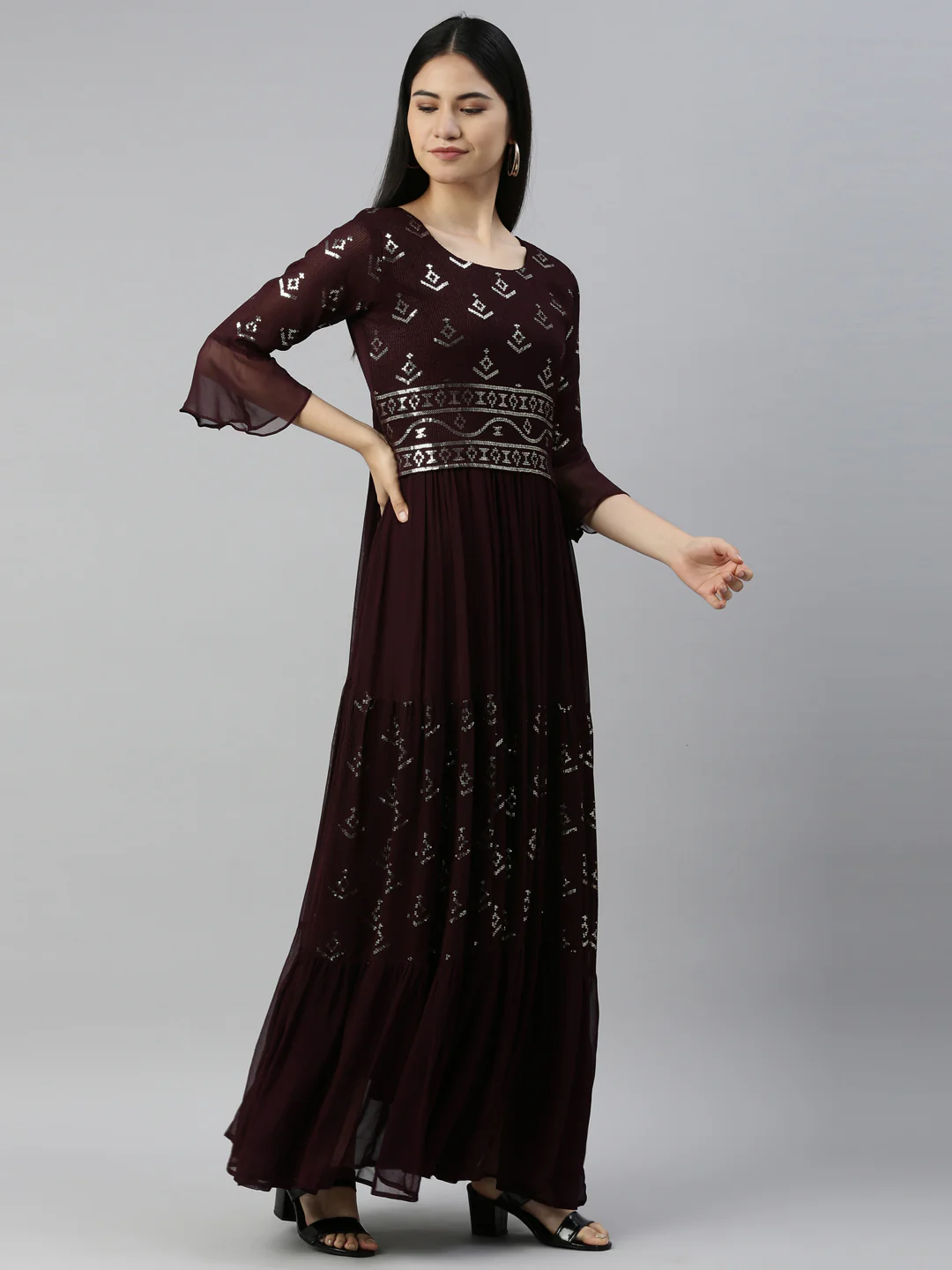 Neerus Wine Color Chiffon Fabric Kurta - Image 4