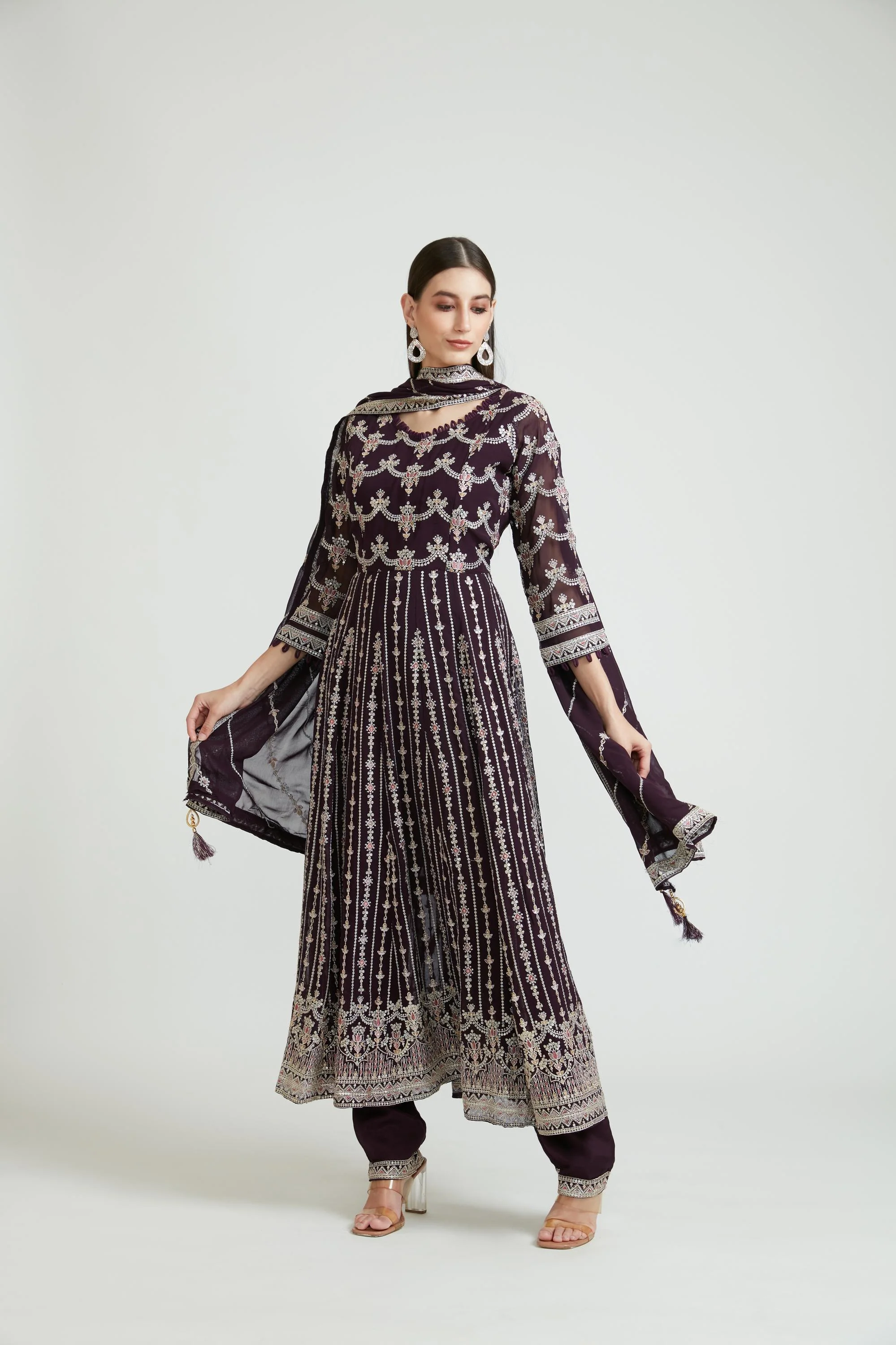 Neerus Wine Color Georgette Fabric Kurta Set - Image 2