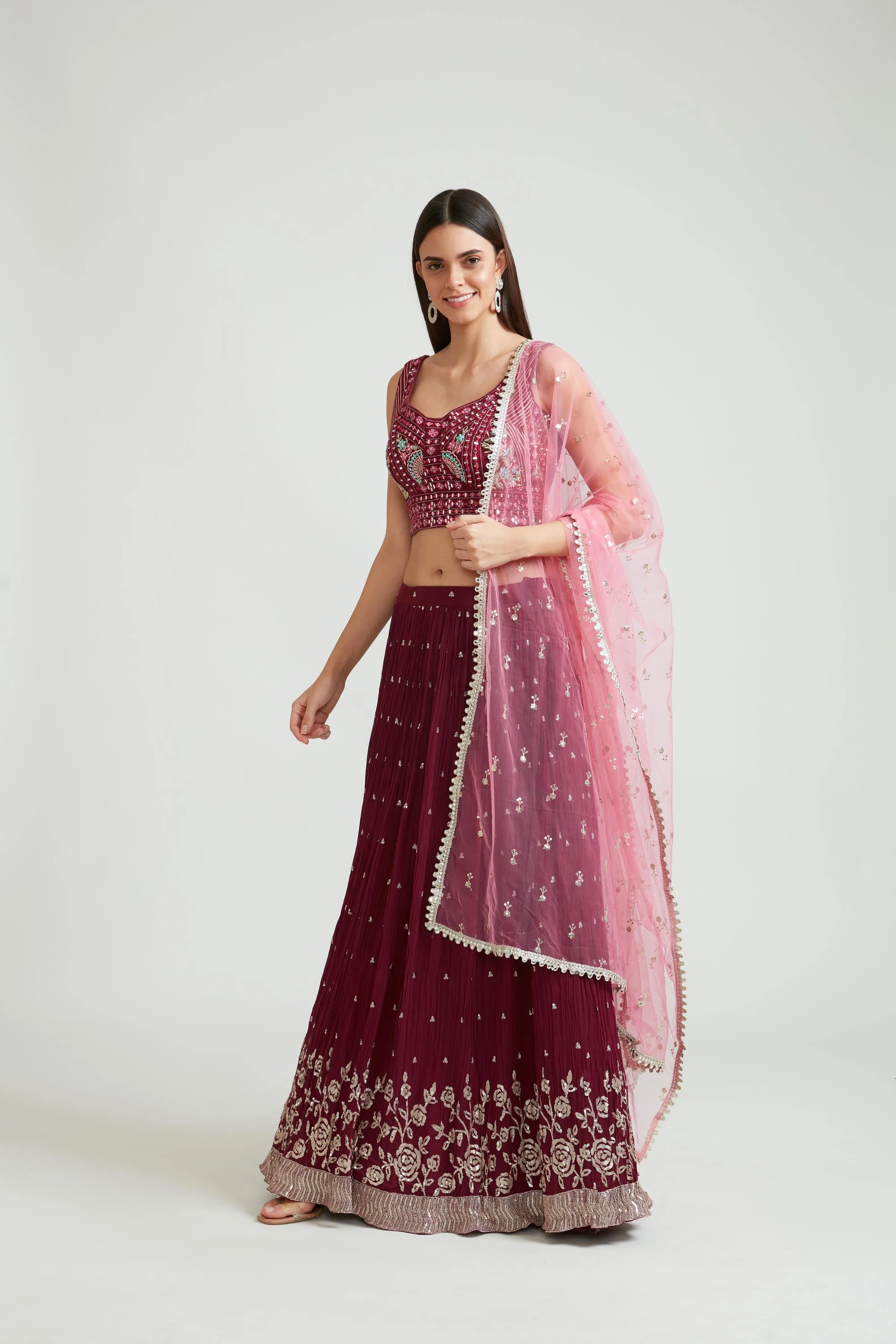 Neerus Wine Color Georgette Fabric Lehenga Choli Set - Image 2