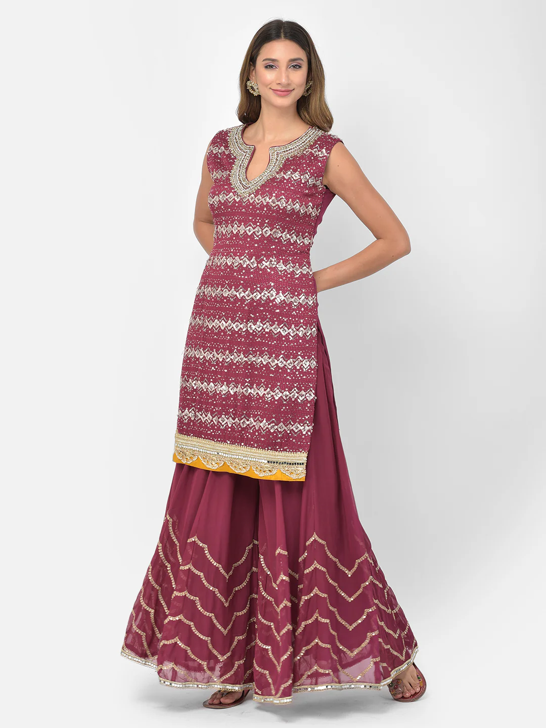 Neerus Wine Color Georgette Fabric Salwar Kameez