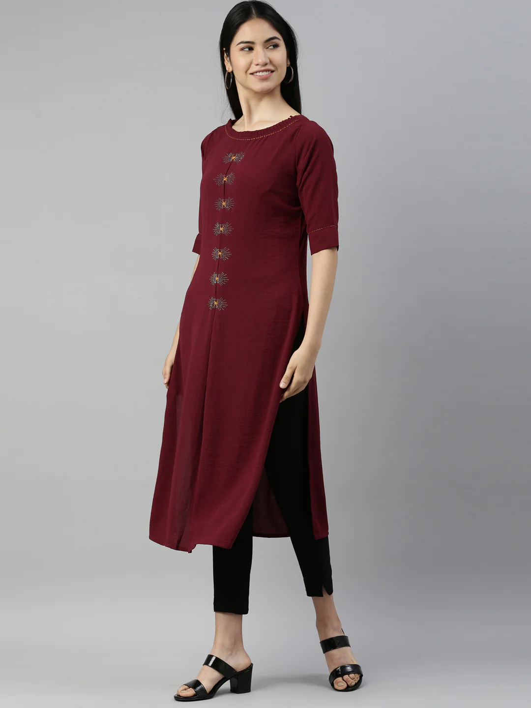 Neerus Wine Color Mouse Crepe Fabric Kurta - Image 2