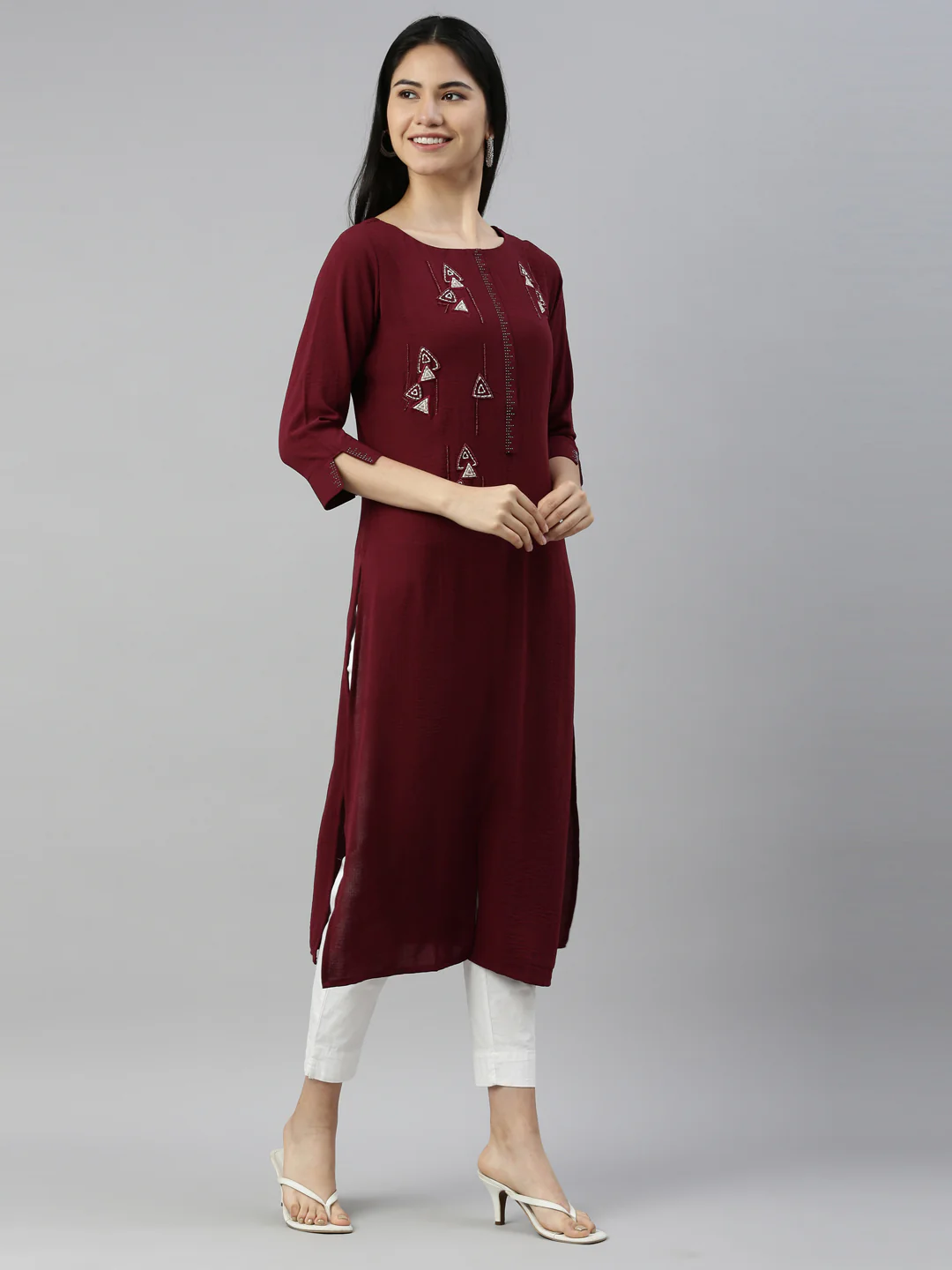 Neerus Wine Color Mouse Crepe Fabric Kurta - Image 3