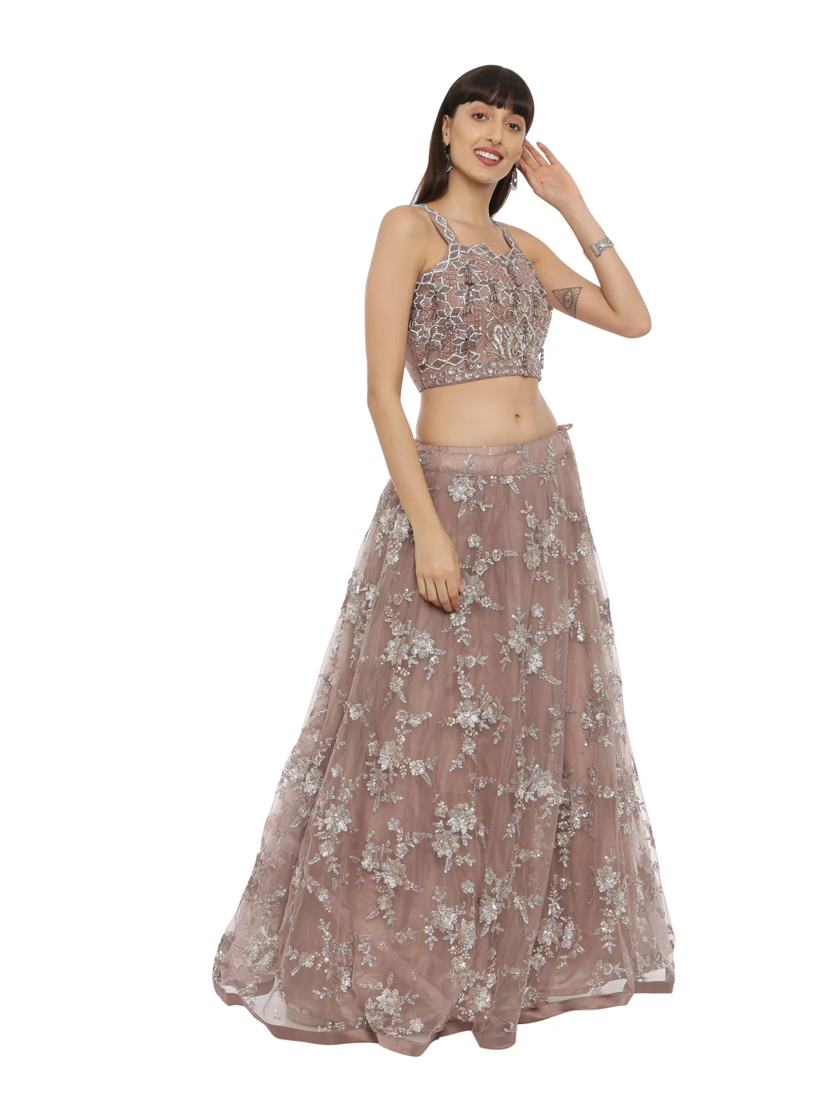 Neerus Wine Color Nett Fabric Ghagra Set - Image 3