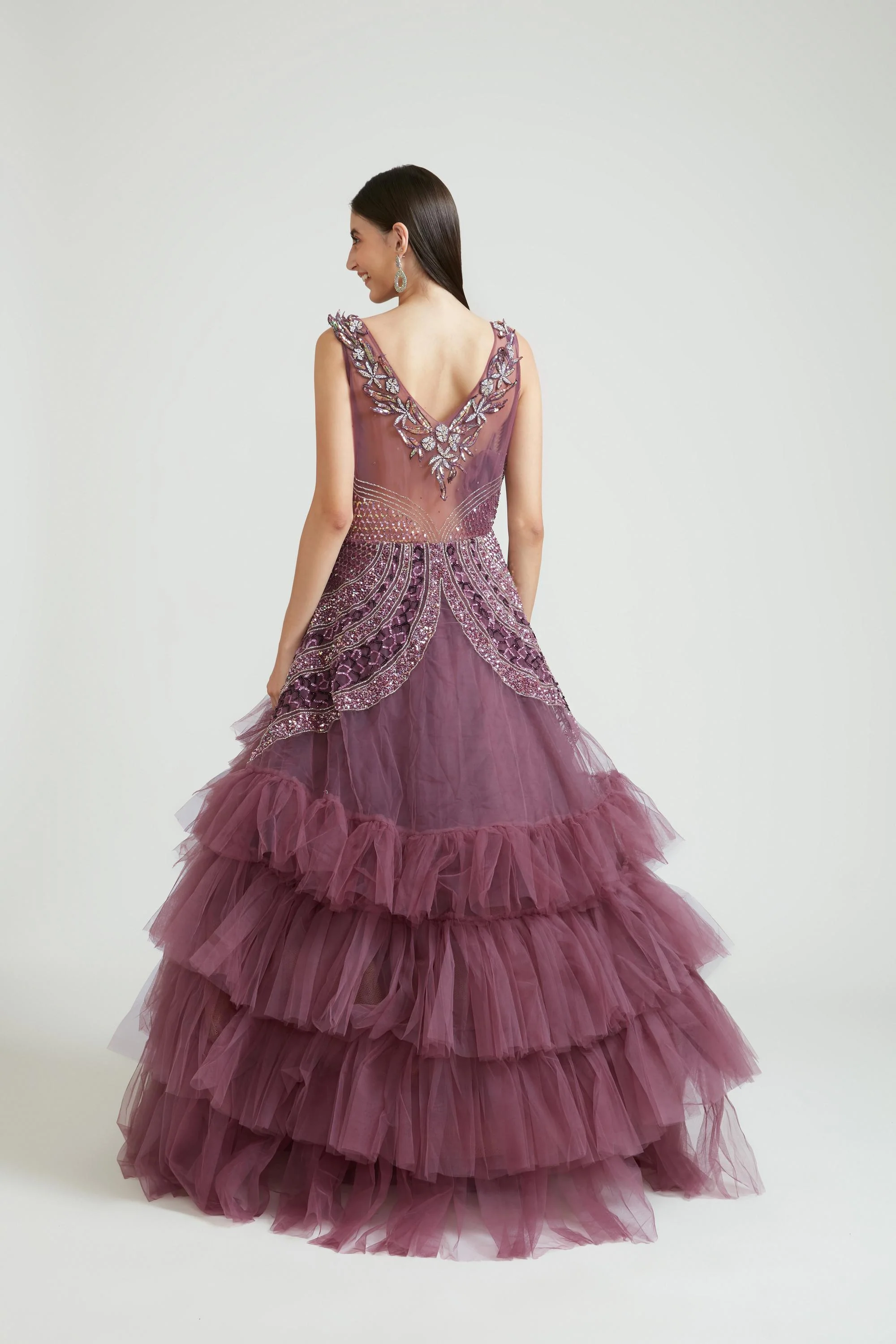 Neerus Wine Color Nett Fabric Gown With Dupatta - Image 3