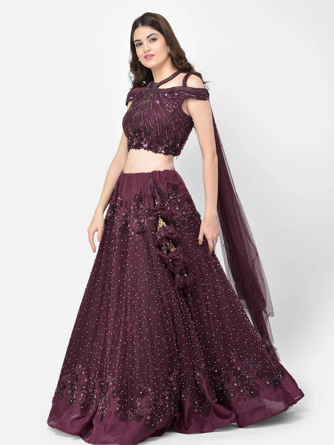 Neerus Wine Color Nett Fabric Lehenga Choli