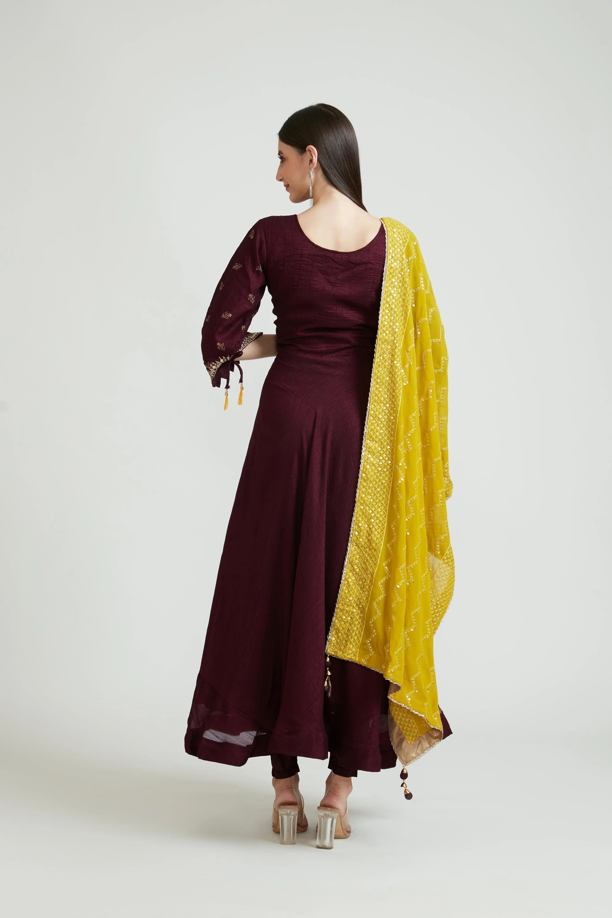 Neerus Wine Color Silk Fabric Anarkali Suit Set - Image 4