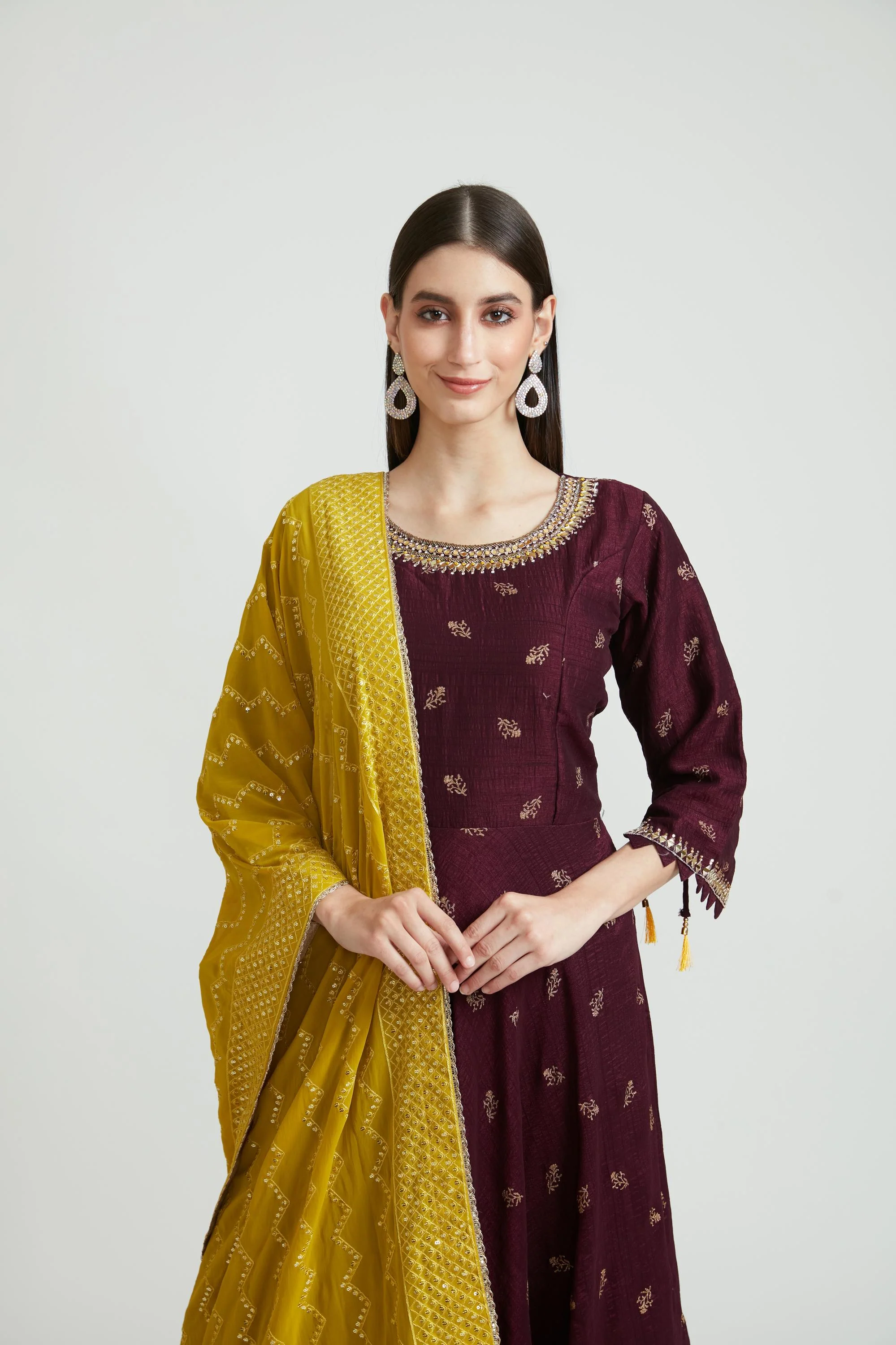 Neerus Wine Color Silk Fabric Anarkali Suit Set - Image 8