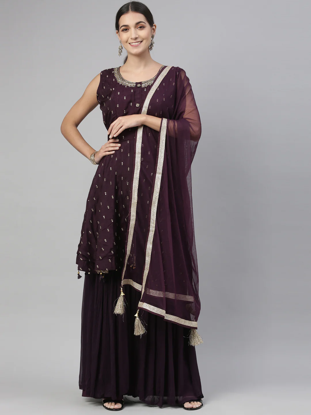 Neerus Wine Color Silk Fabric Kurta Set